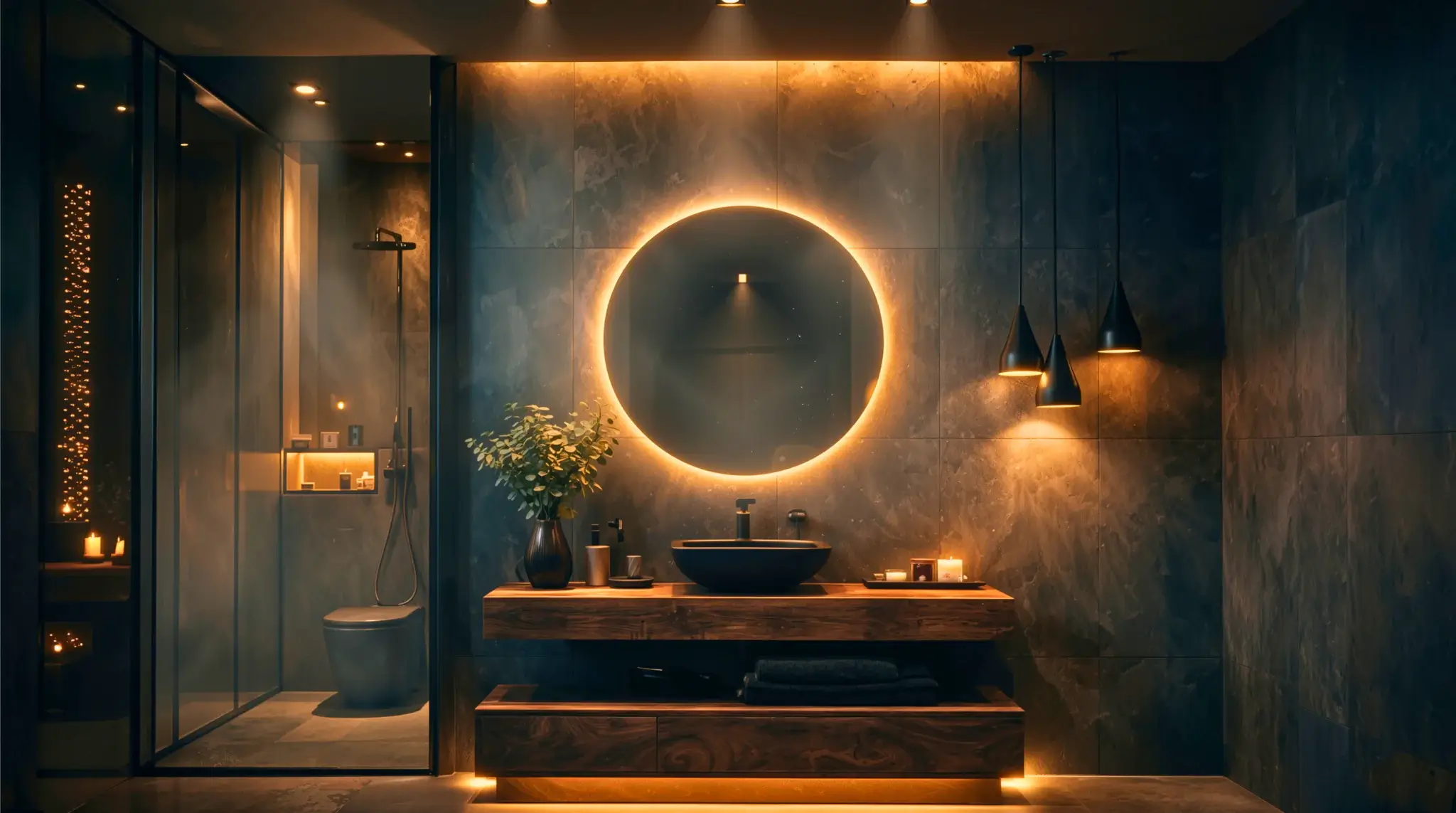 Modern luxury bathroom vanity with round LED mirror, dark stone walls, wooden cabinet, and warm ambient lighting