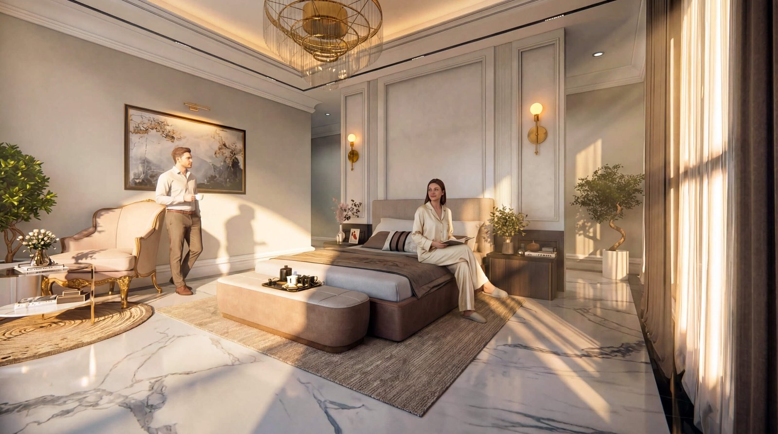 Luxury bedroom interior with marble flooring, elegant bed setup, chandelier lighting, warm sunlight, and modern classic décor in a premium residential space.– 3D architectural visualization by Yantram Studio