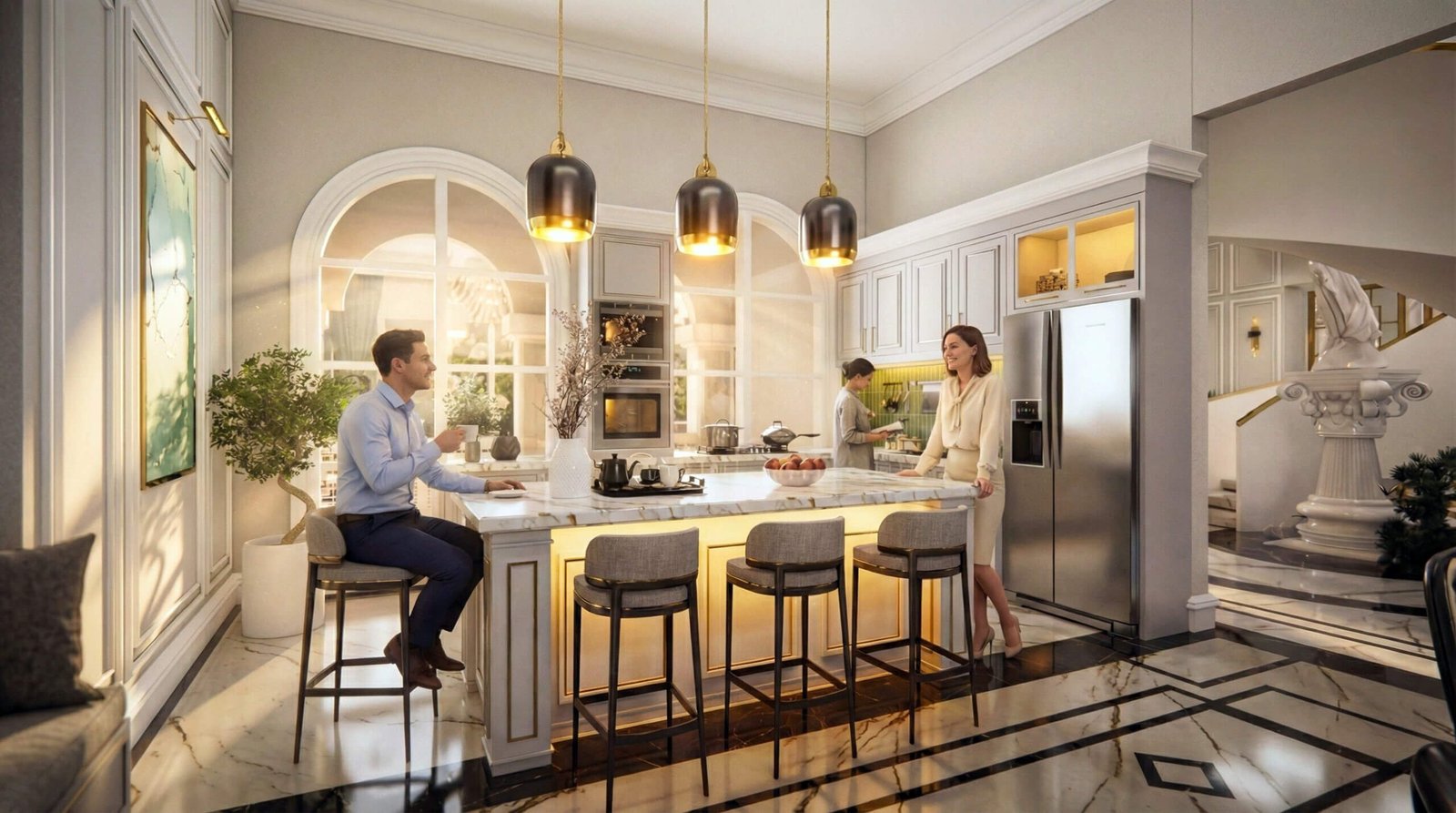 Luxury modern kitchen interior with marble island, pendant lighting, bar seating, built-in appliances, and warm ambient lighting in an elegant residential space – 3D rendering by Yantram Studio