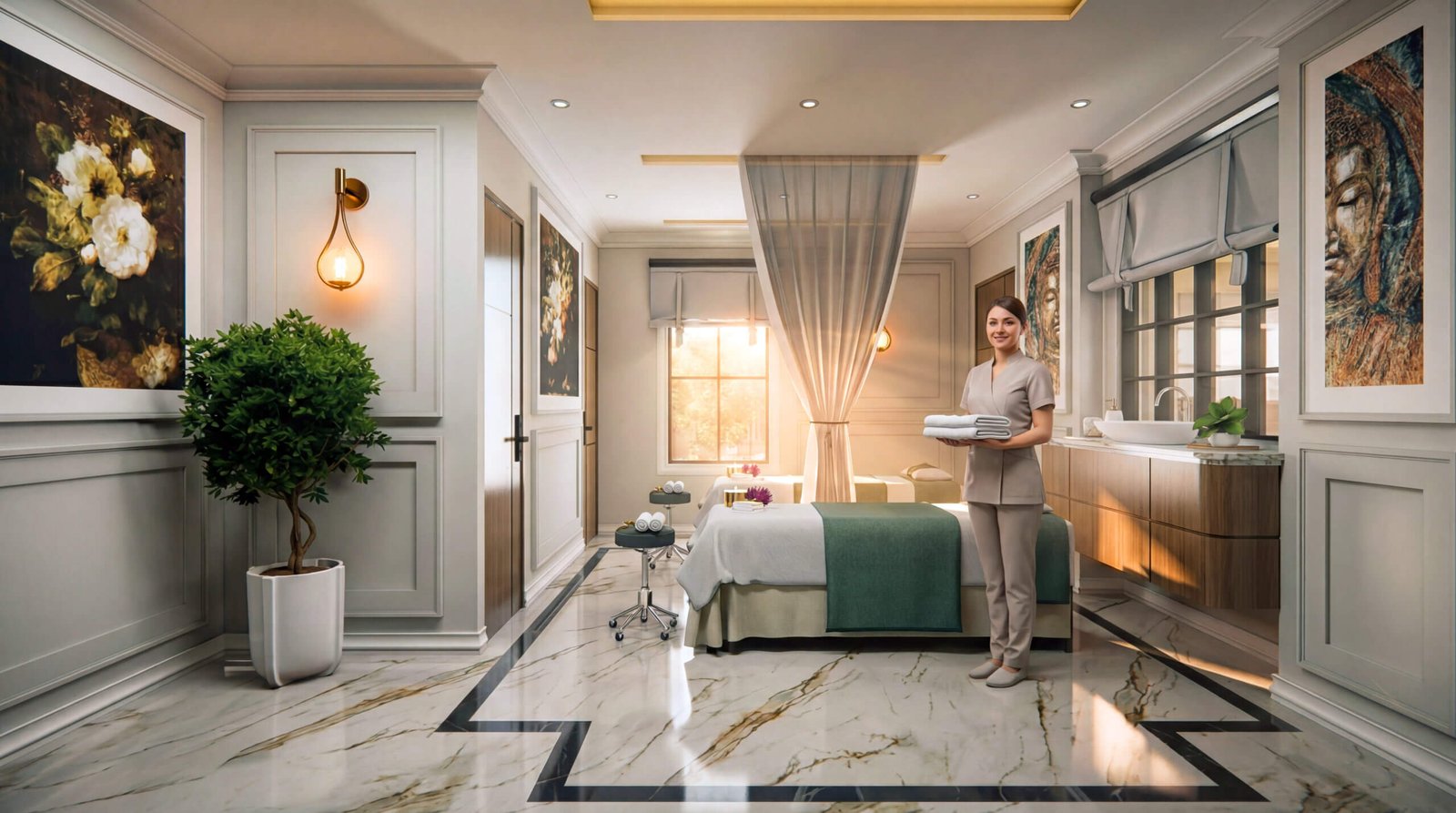 Luxury spa treatment room interior with massage bed, marble flooring, soft ambient lighting, elegant wall décor, and a therapist holding towels in a premium wellness space.