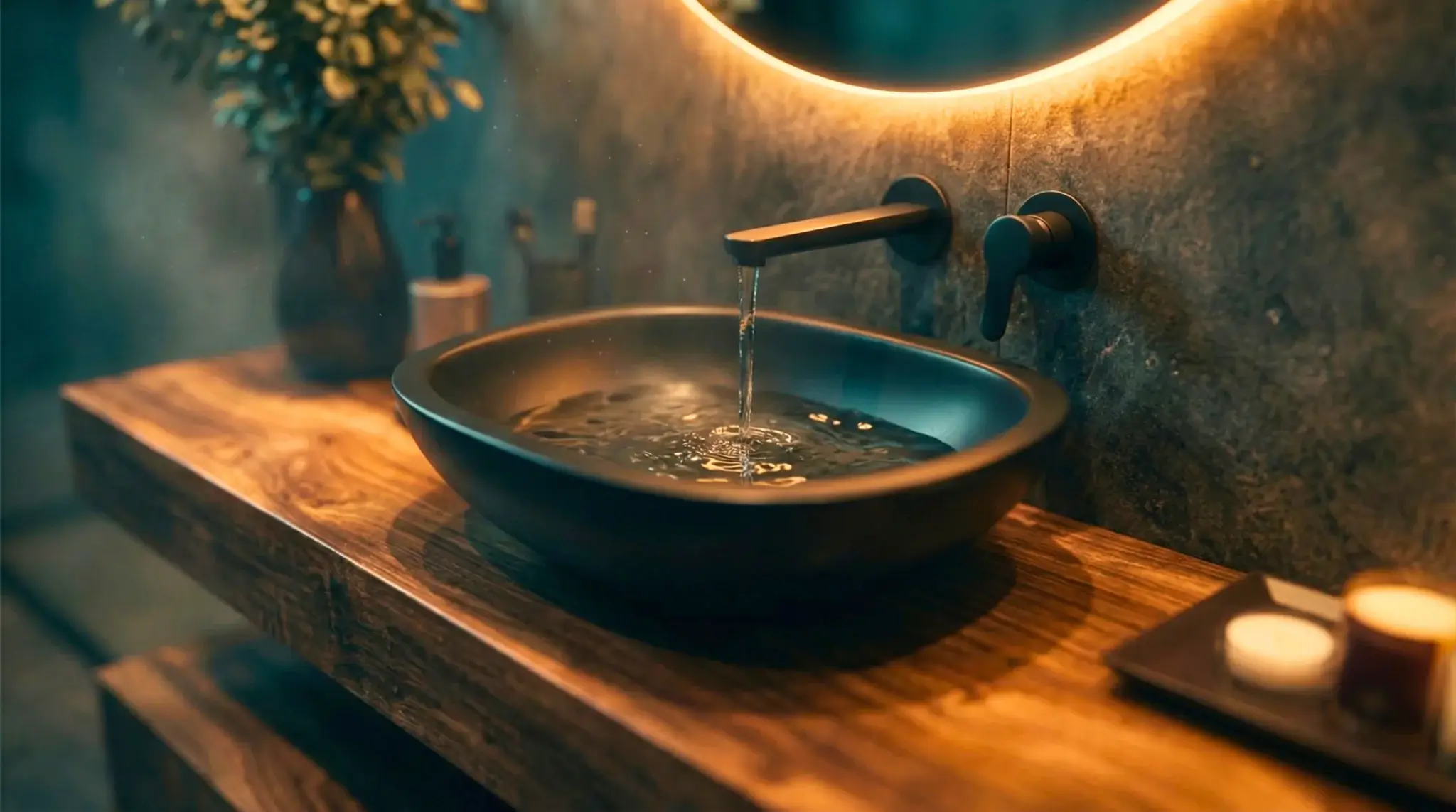 Luxury bathroom sink close-up with matte black basin, wall-mounted faucet, wooden vanity, and warm LED mirror lighting