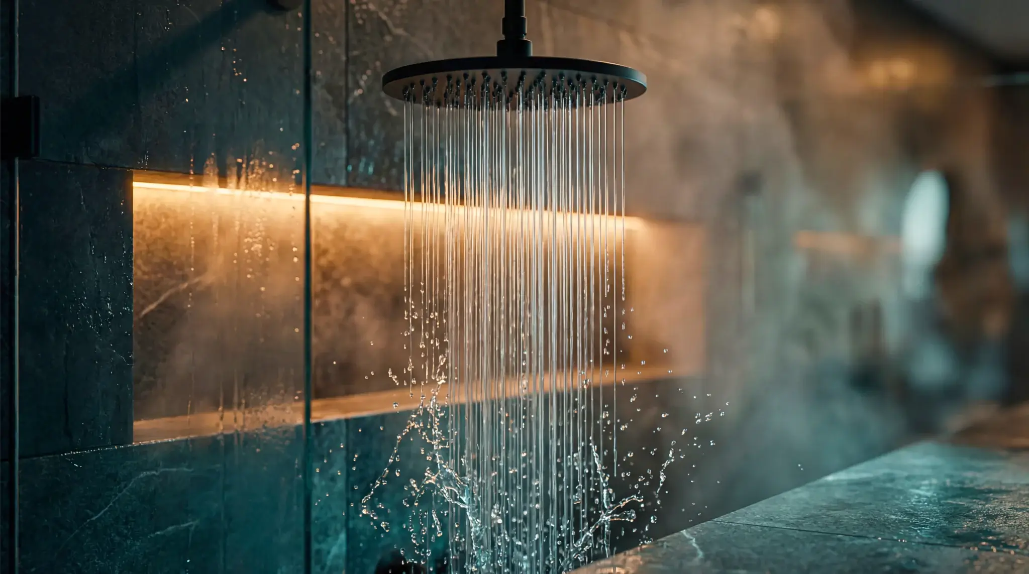 Modern rainfall shower head with flowing water, glass enclosure, and warm ambient LED lighting in luxury bathroom