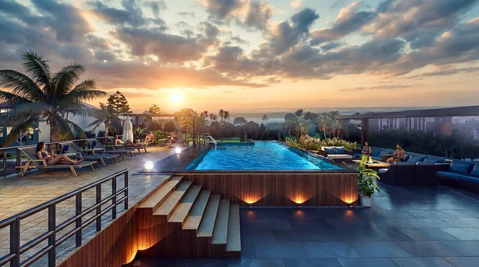 Luxury rooftop infinity pool with sunset view, lounge seating, tropical landscaping, and modern outdoor amenities in a premium residential development. — Photorealistic Exterior Visualization