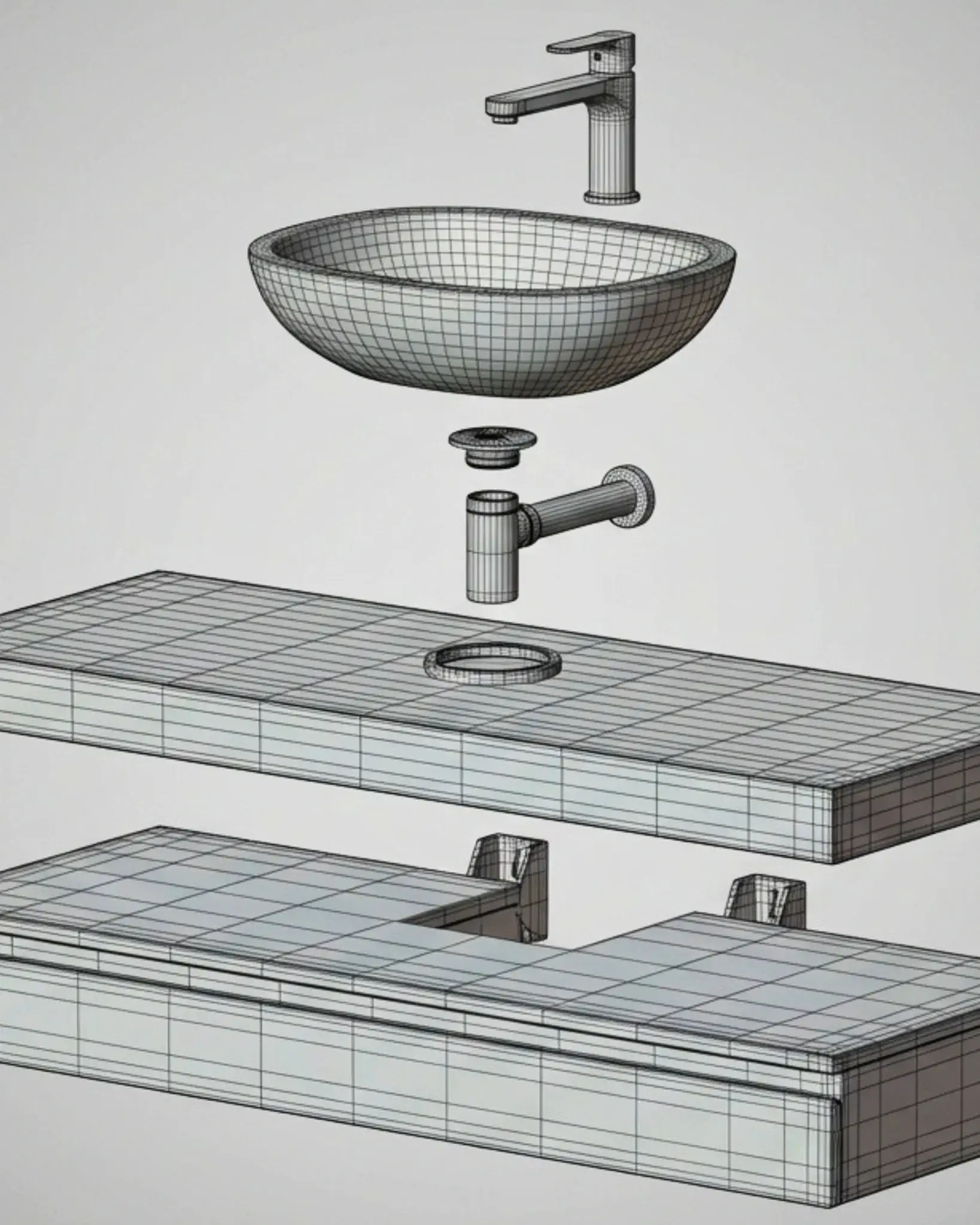 3D wireframe model of bathroom sink with faucet, drain components, and vanity structure in exploded view