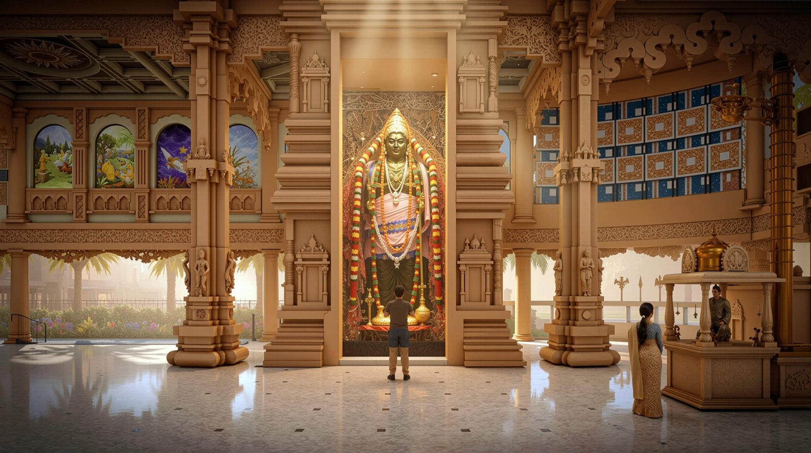 3D rendering of a grand temple interior with ornate pillars, colorful deity shrine, and traditional architectural detailing