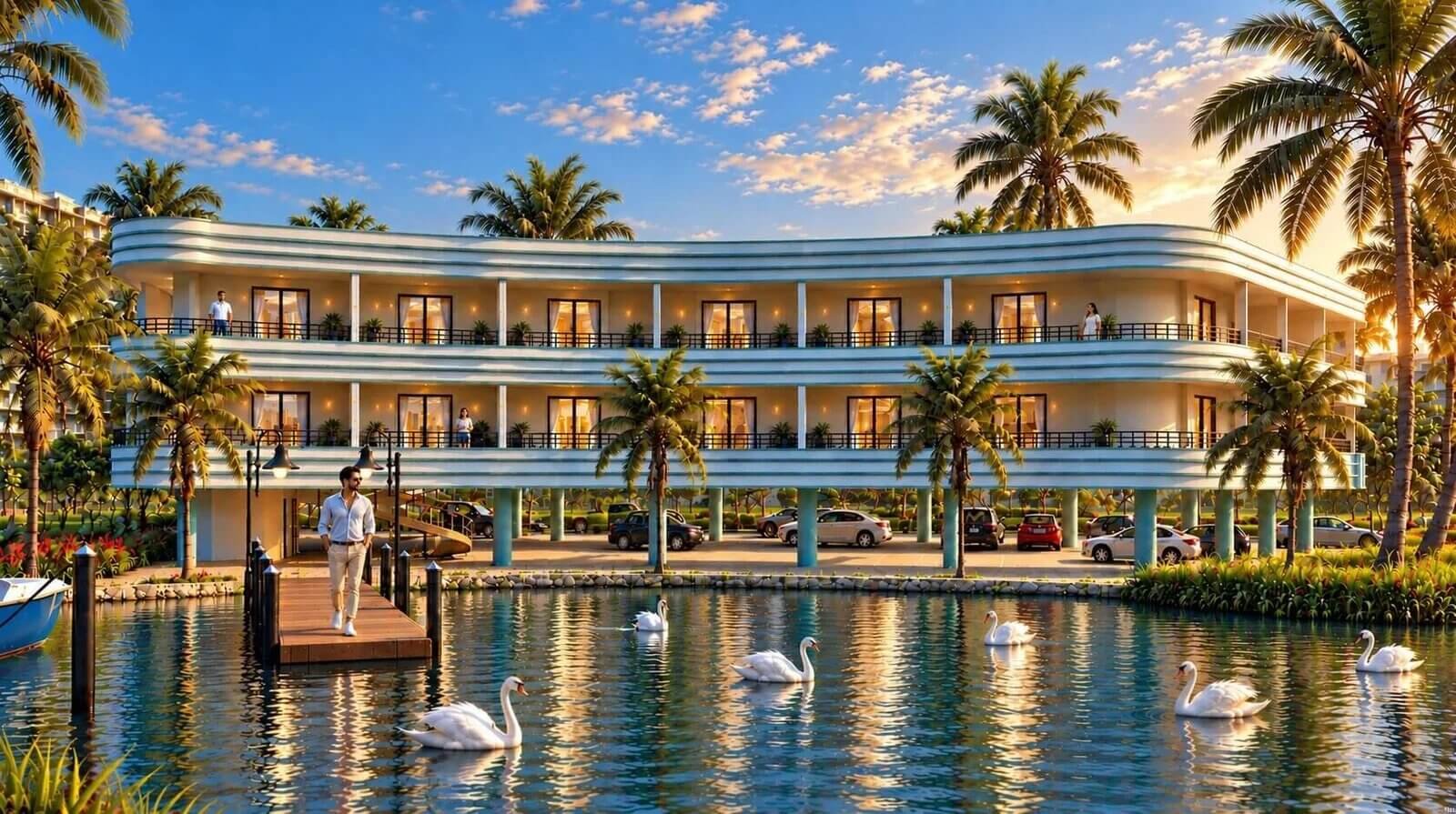 Modern waterfront apartment building with curved design, elevated structure, balconies, lake view with swans, and warm evening lighting in a luxury residential setting. — Poolside Patio Areas
