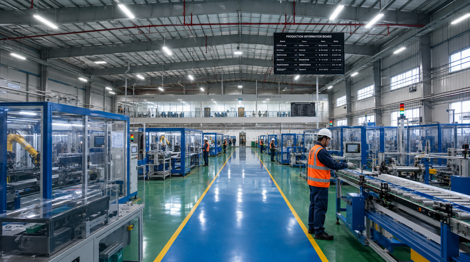 Automated manufacturing facility with enclosed workstations, blue flooring and industrial lighting. — Commercial Product Visualization Services