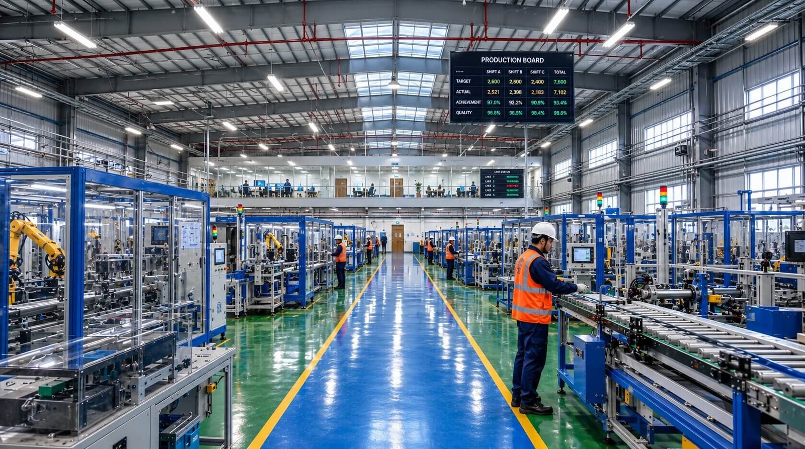 Interior view of an automated manufacturing factory with machinery.