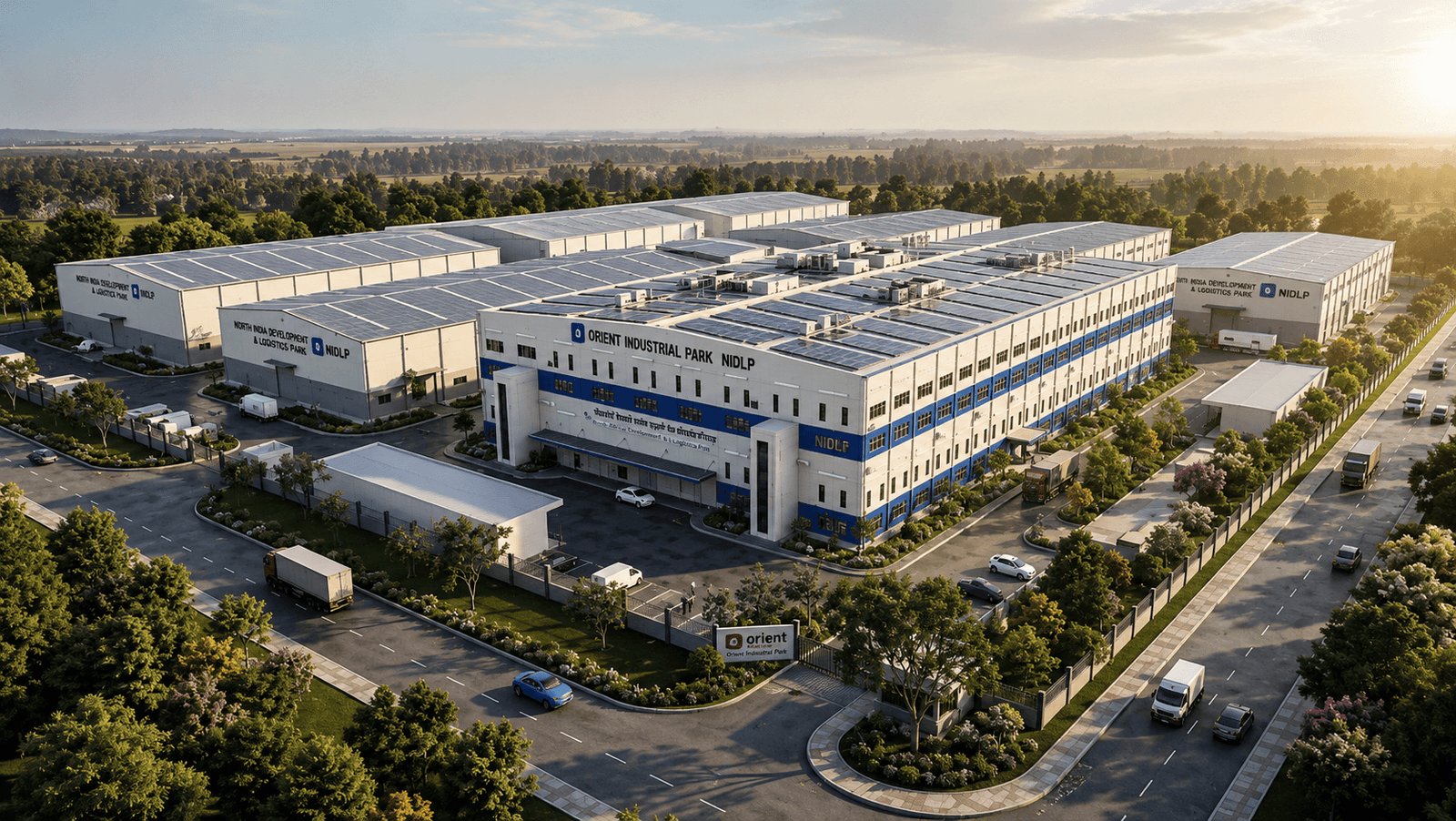 Large rectangular warehouse facility with loading dock and surrounding trees at sunset