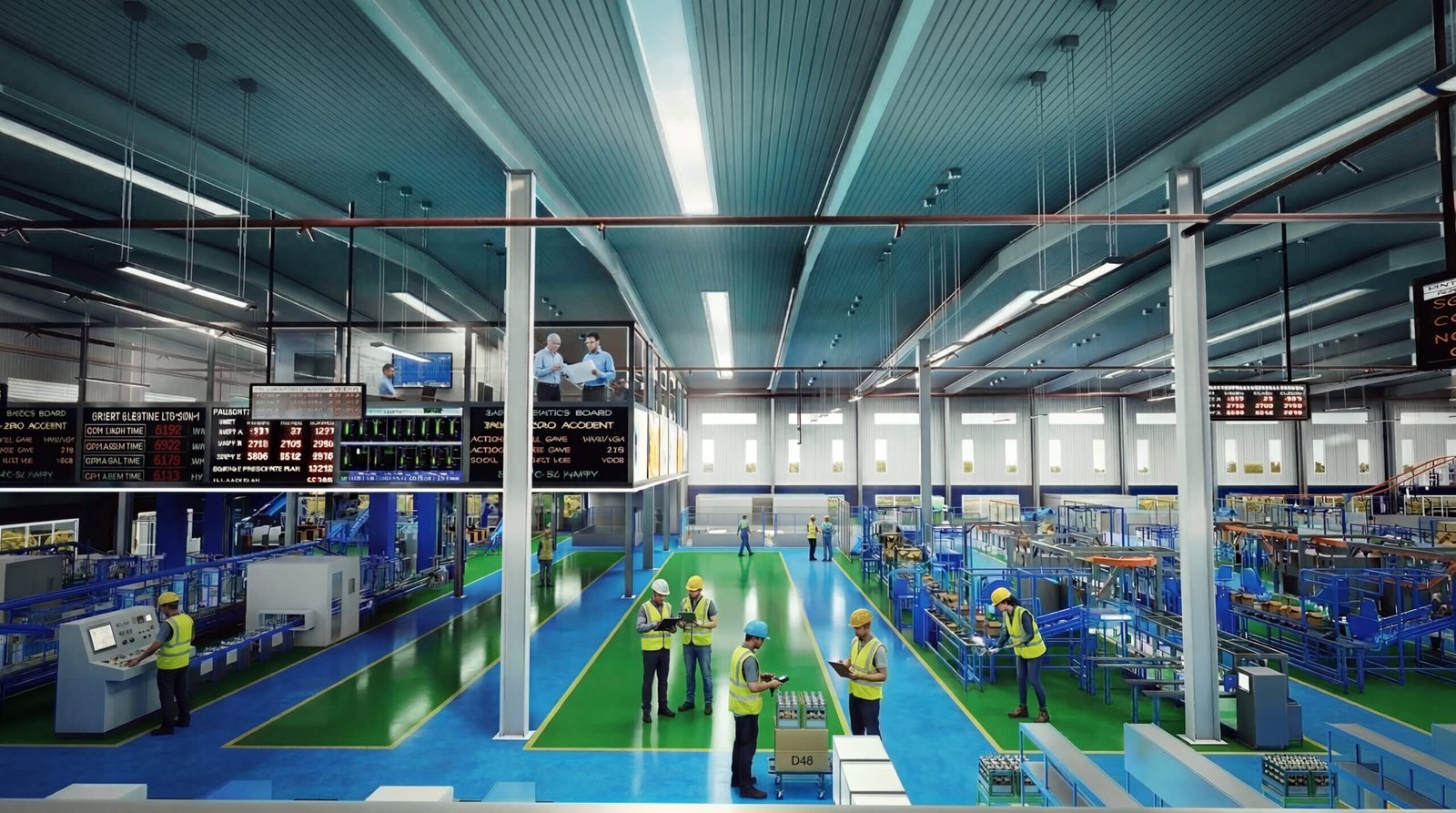 Large automated factory production hall with conveyor systems and machinery – 3D rendering by Yantram Studio Bangkok Thailand