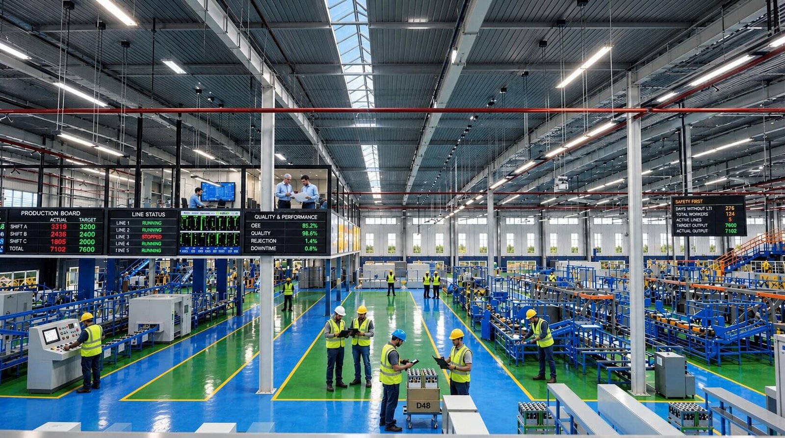 Interior view of assembly lines with digital displays. — Machinery Placement And Production Workflows