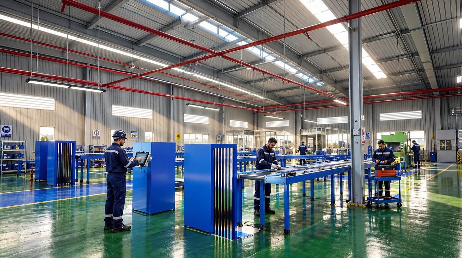 Production floor with workers and machinery in operation. — Machinery Placement And Production Workflows