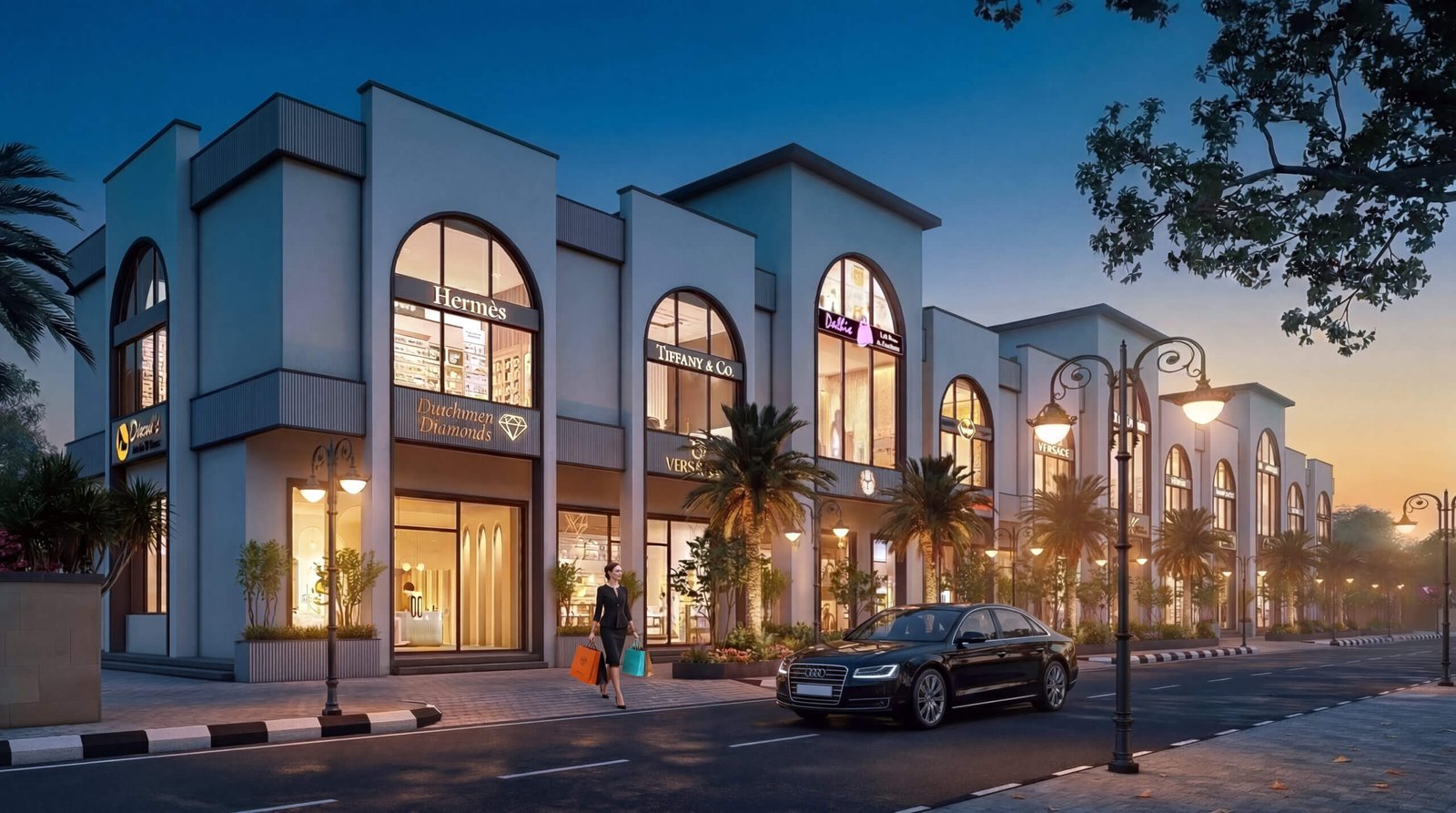 modern shopping center 3D rendering with retail stores, luxury brands, street lighting, and pedestrians at evening – 3D rendering by Yantram Studio