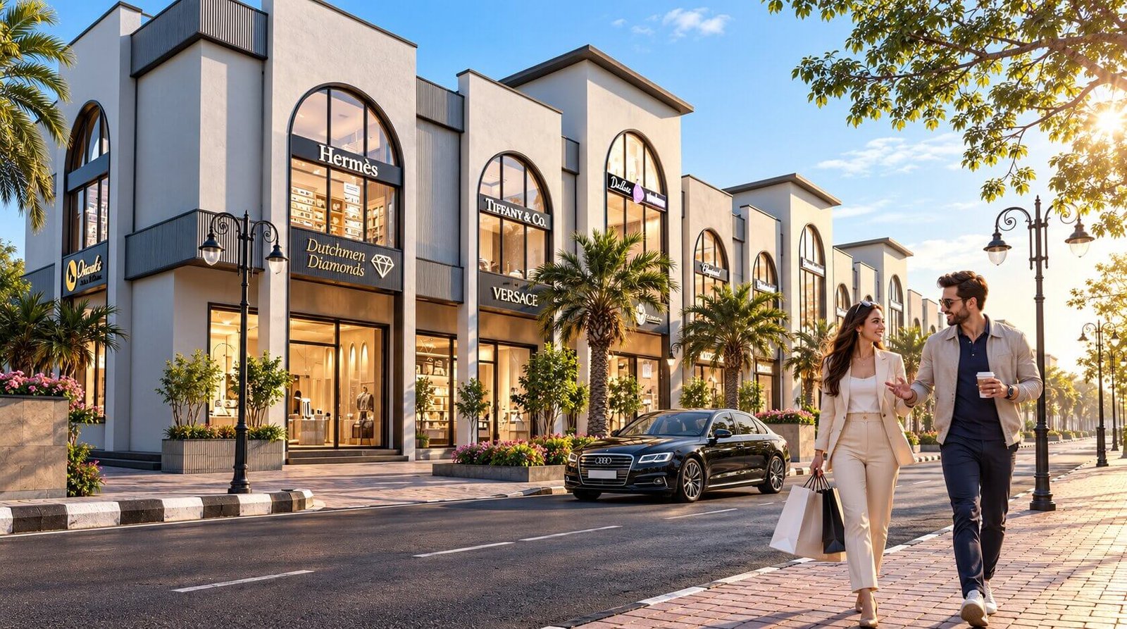 Exterior rendering of a modern shopping center within the township.