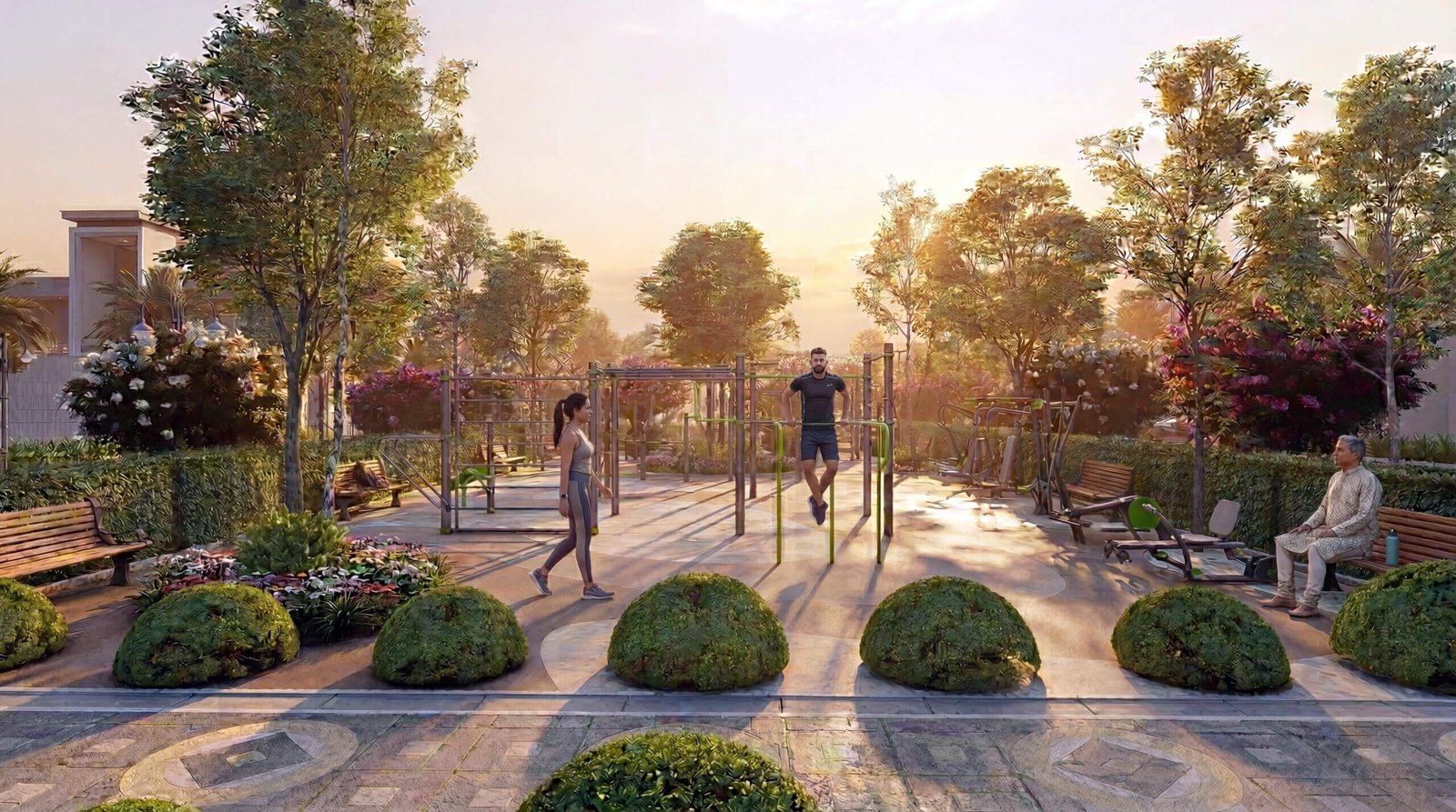 outdoor fitness park 3D rendering with gym equipment, people exercising, and landscaped surroundings – 3D rendering by Yantram Studio