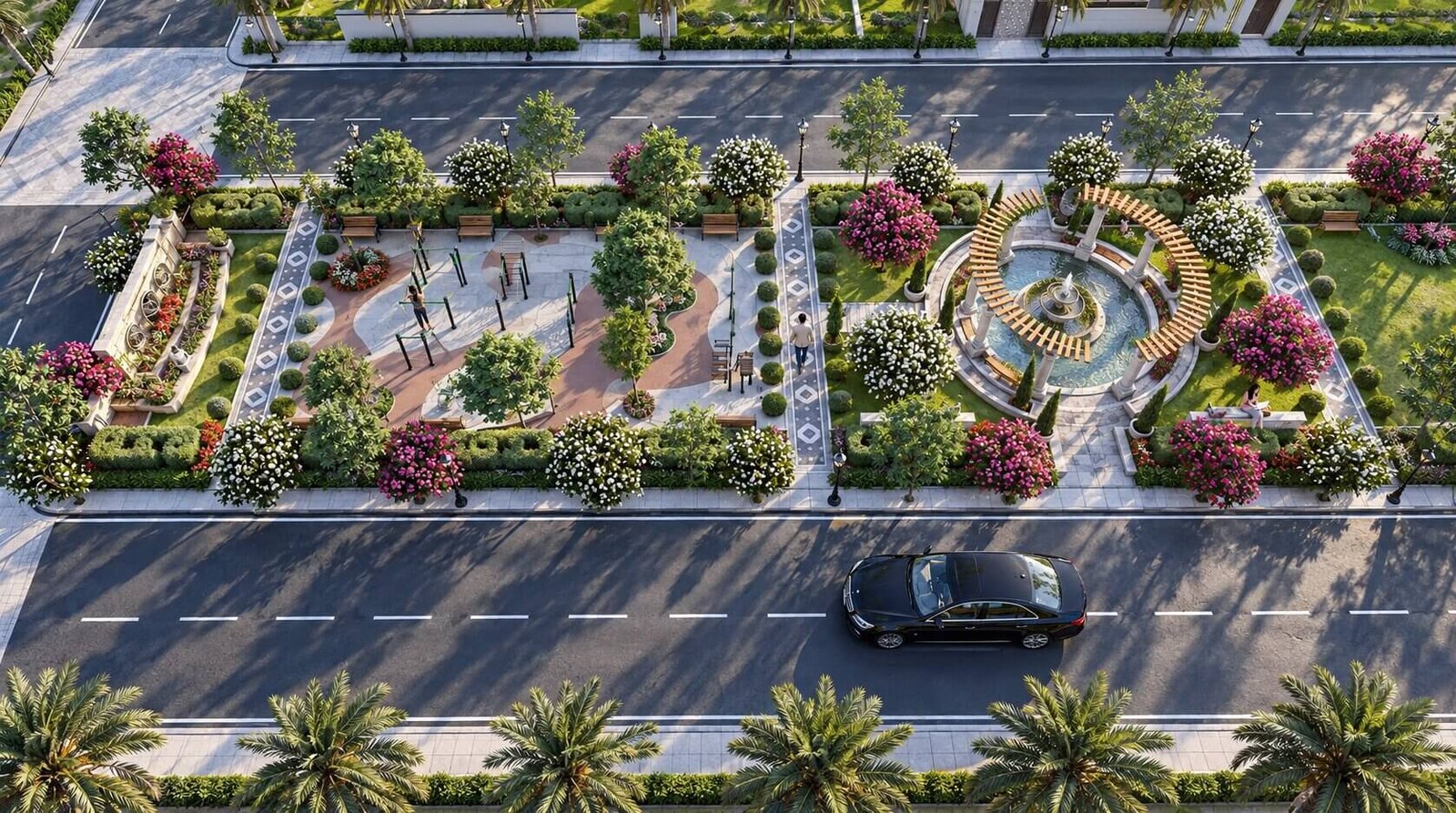 3D rendering of a residential street landscape within the township. — Photorealistic Township Visualization India