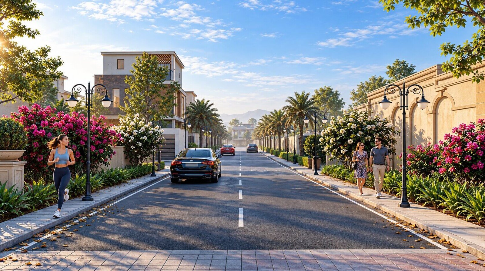 View of a residential street in the township with landscaped surroundings. — Township Visualization Company In India