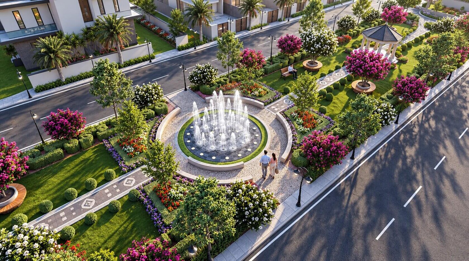 Landscape rendering of a township garden with a fountain. — 3D Township Rendering India