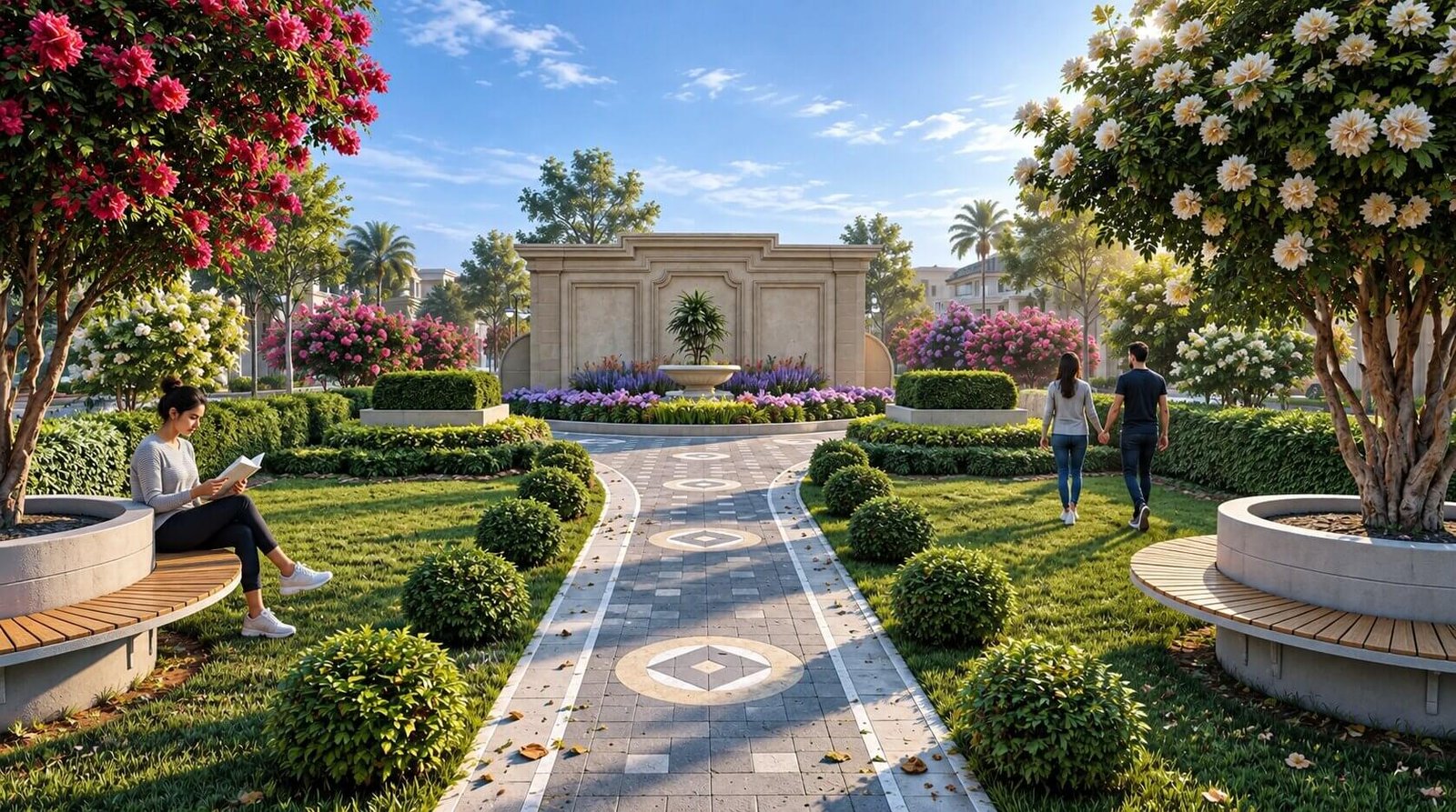 Another view of the township garden showcasing vibrant flowers. — Photorealistic Township Visualization India