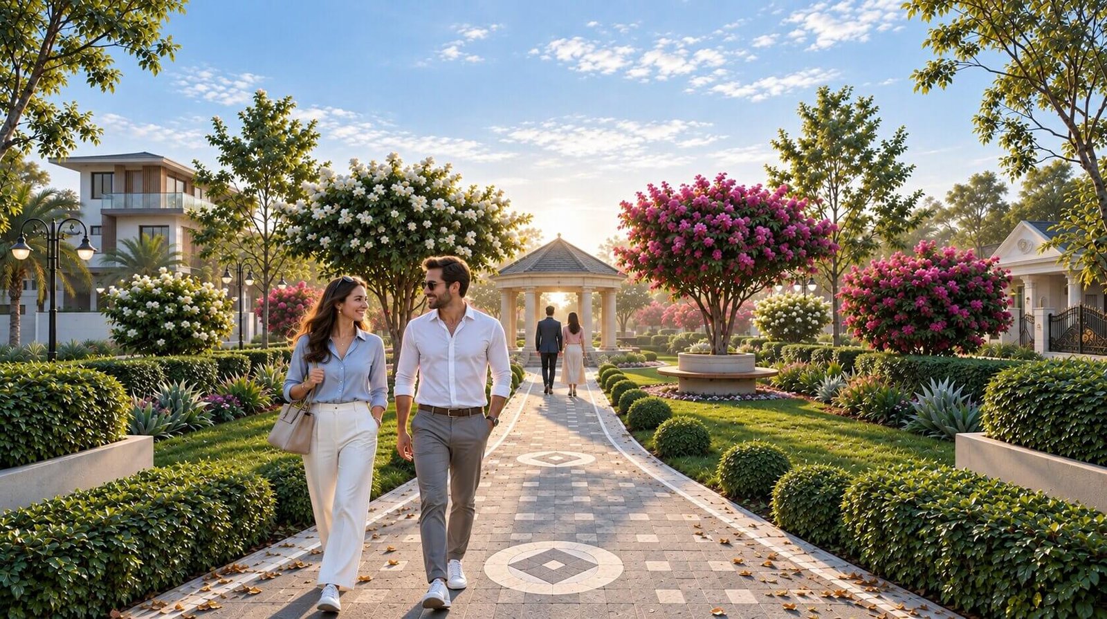 Walkway landscape rendering in the township garden area. — India 3D Rendering Studio
