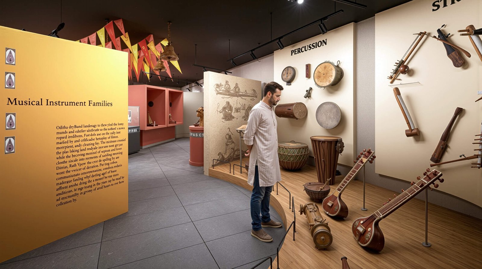 Museum exhibit showcasing traditional musical instruments, percussion and string instruments display, visitor observing cultural artifacts