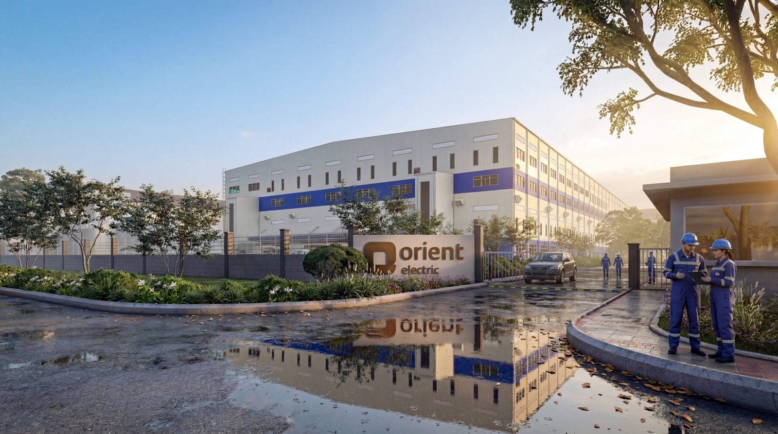 Modern industrial factory building exterior with gated entrance and landscaping – 3D exterior rendering Bangkok Thailand by Yantram Studio