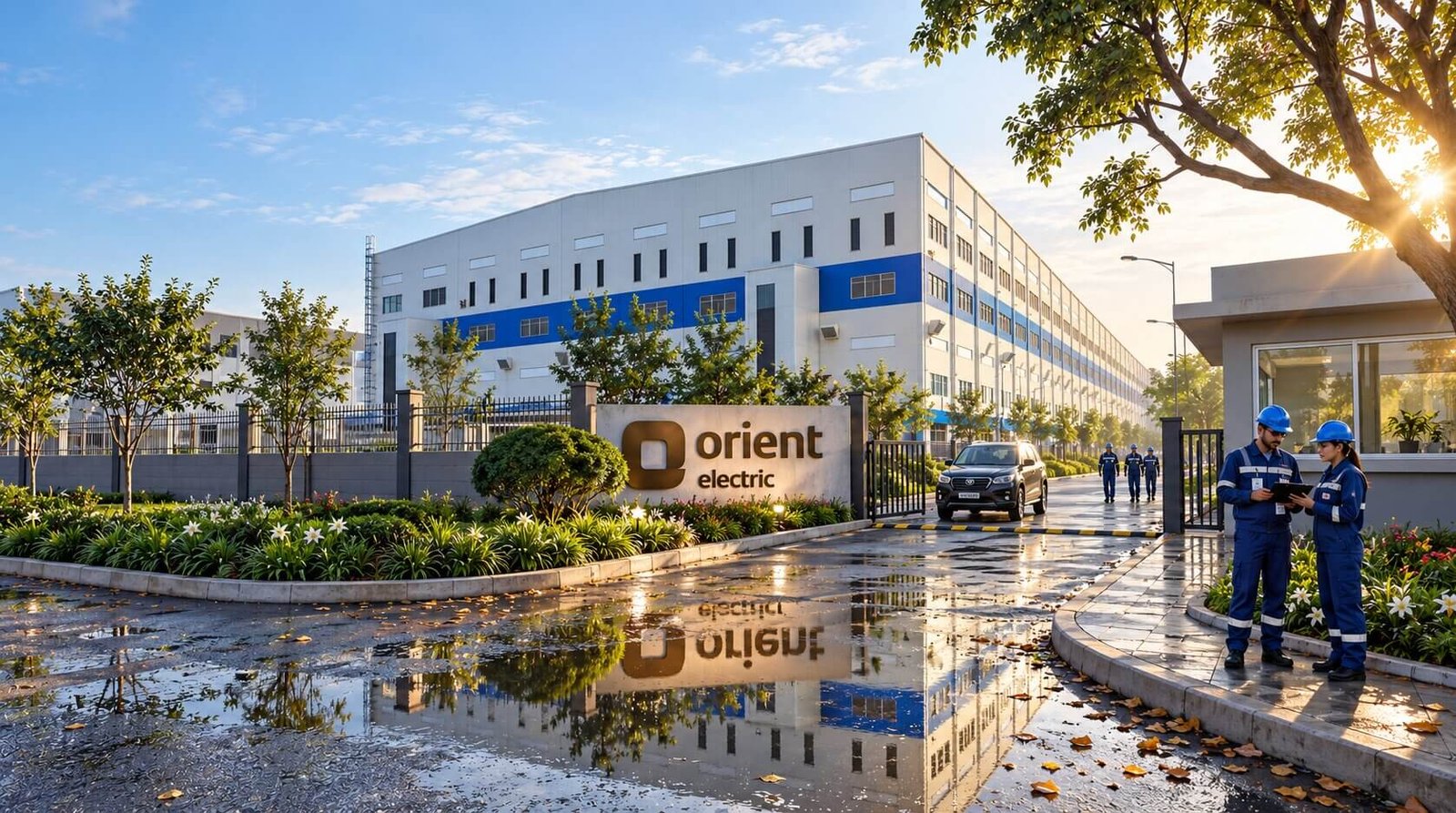Exterior view of a manufacturing plant with signage. — Photorealistic 3D Walkthrough Animation