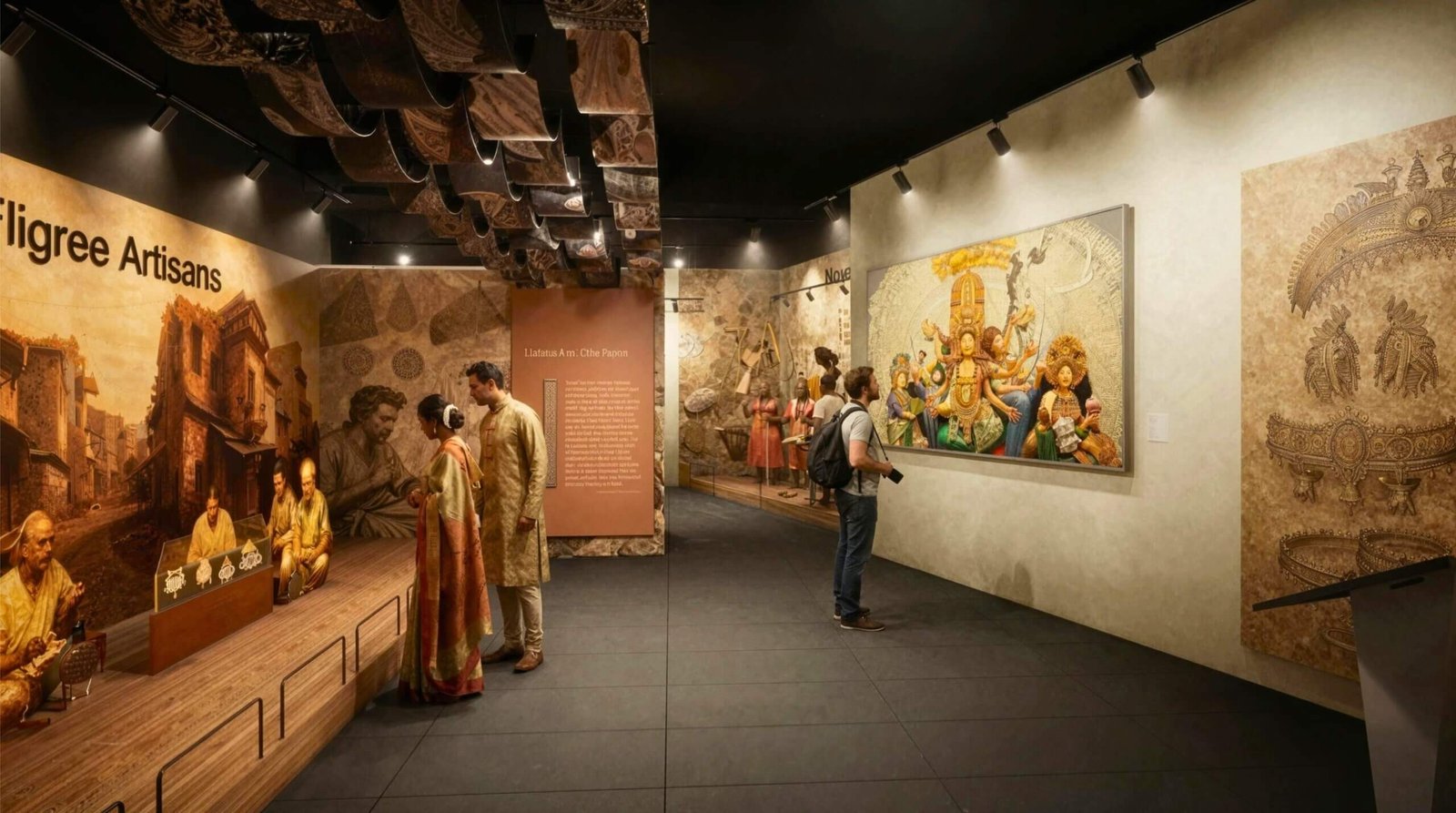 museum interior 3D rendering with filigree artisans exhibit, cultural murals, display counters, and visitors in gallery