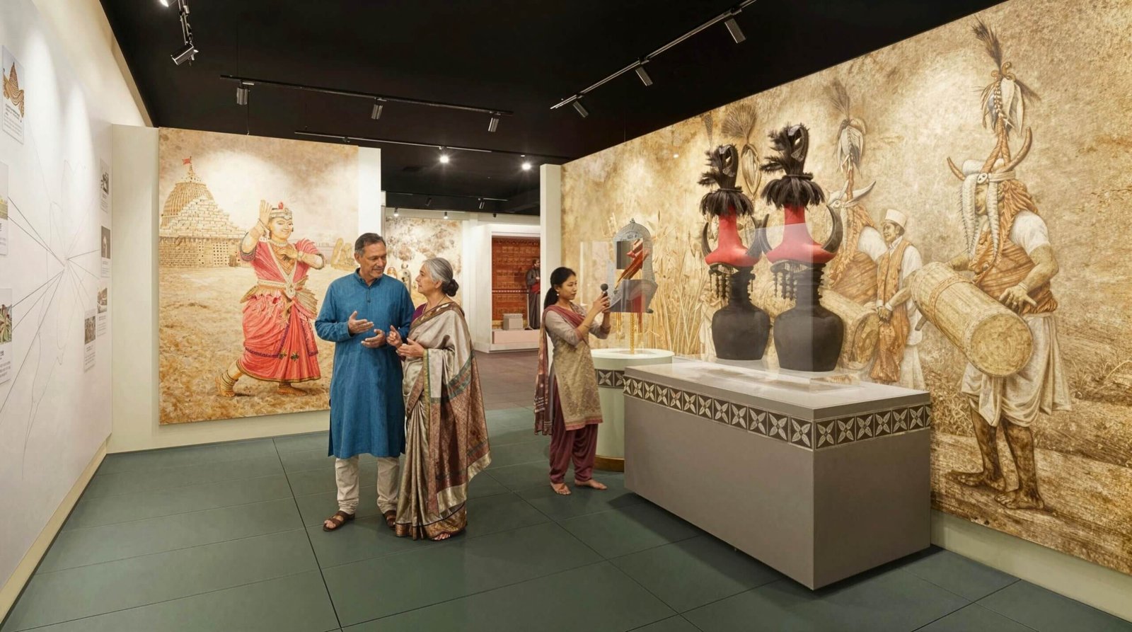 Museum exhibit featuring traditional lifestyle artifacts, wall murals and visitors exploring cultural heritage