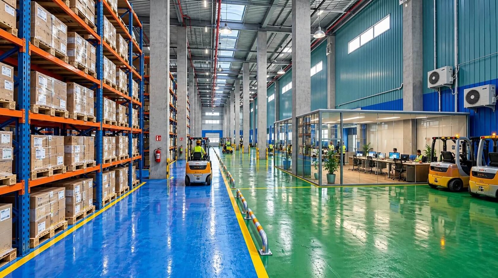 Interior of an industrial warehouse with storage and logistics. — Multi-zone Factory Layout