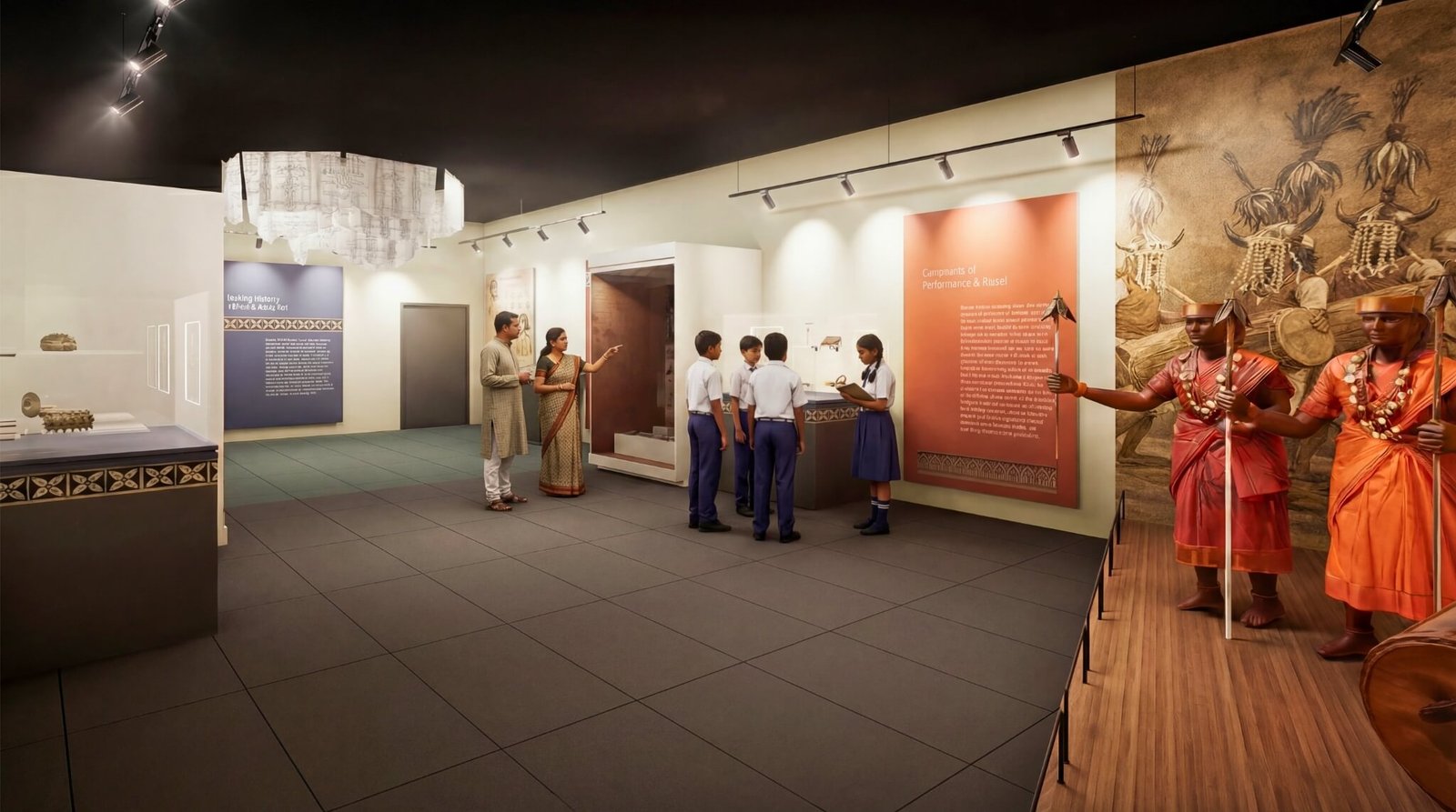 Museum interior showing cultural performance exhibits, students learning and traditional sculptures on display