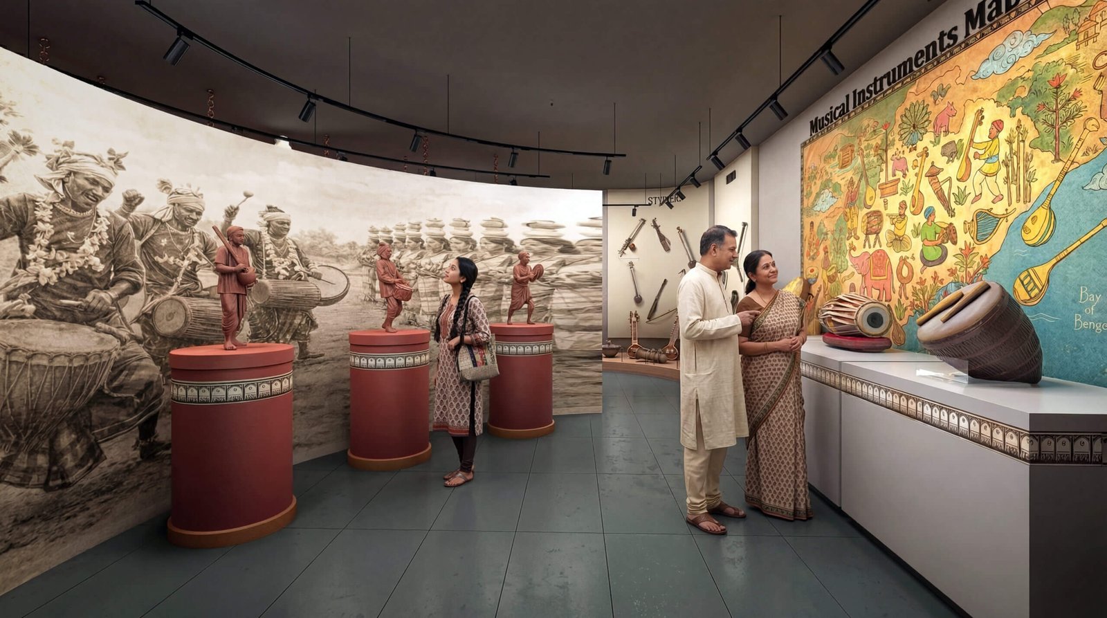 Museum gallery with traditional Indian musical instruments, percussion displays and visitors exploring cultural exhibits
