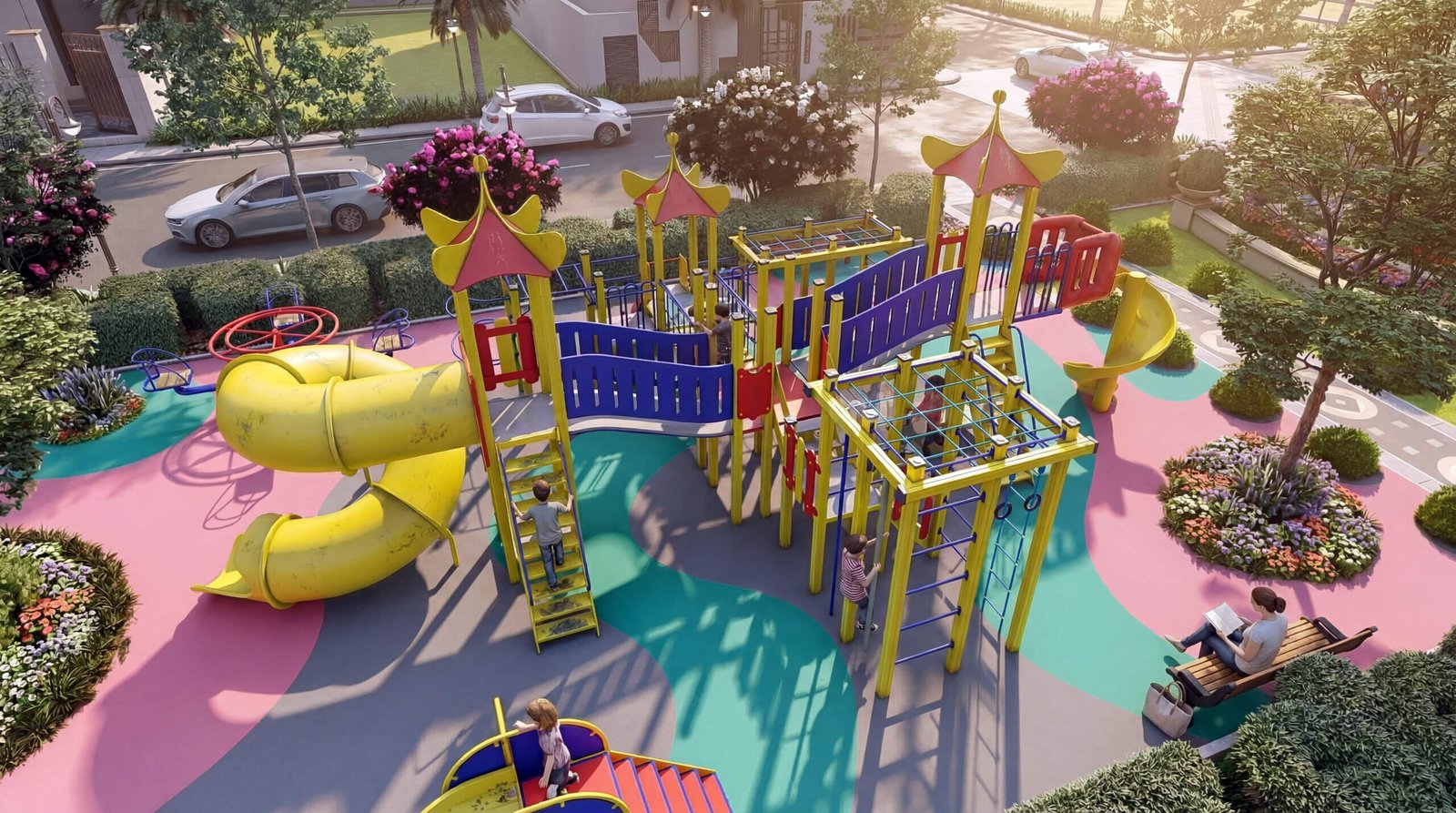 Kids Play Area 3D Rendering with Slides and Colorful Playground Design 3D render of a children’s playground with slides, climbing structures, colorful flooring, and landscaped surroundings.