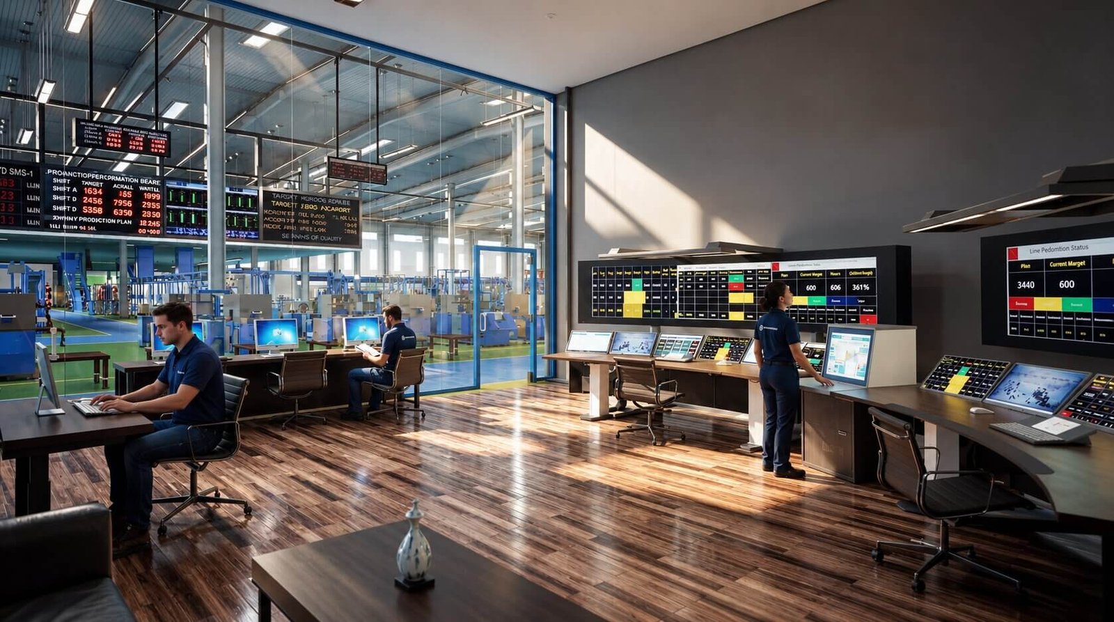 Smart factory control room interior with monitoring systems.