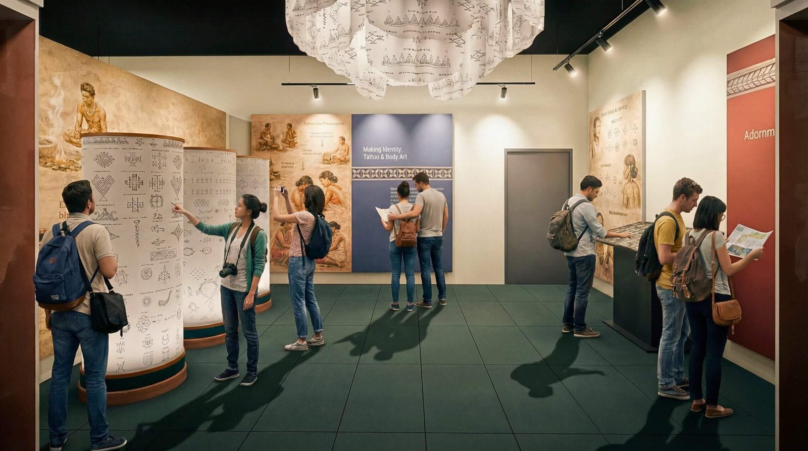 Museum exhibit on tattoo and body art traditions with interactive cylindrical displays and visitors observing patterns