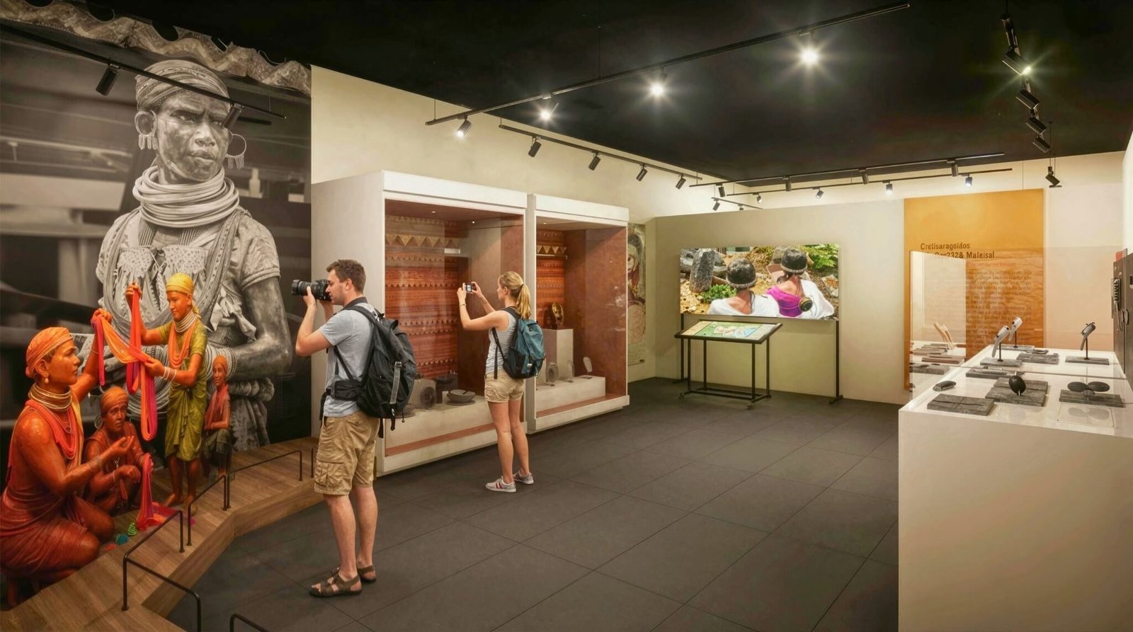 Museum interior with tribal culture exhibits, visitors photographing sculptures and interactive displays