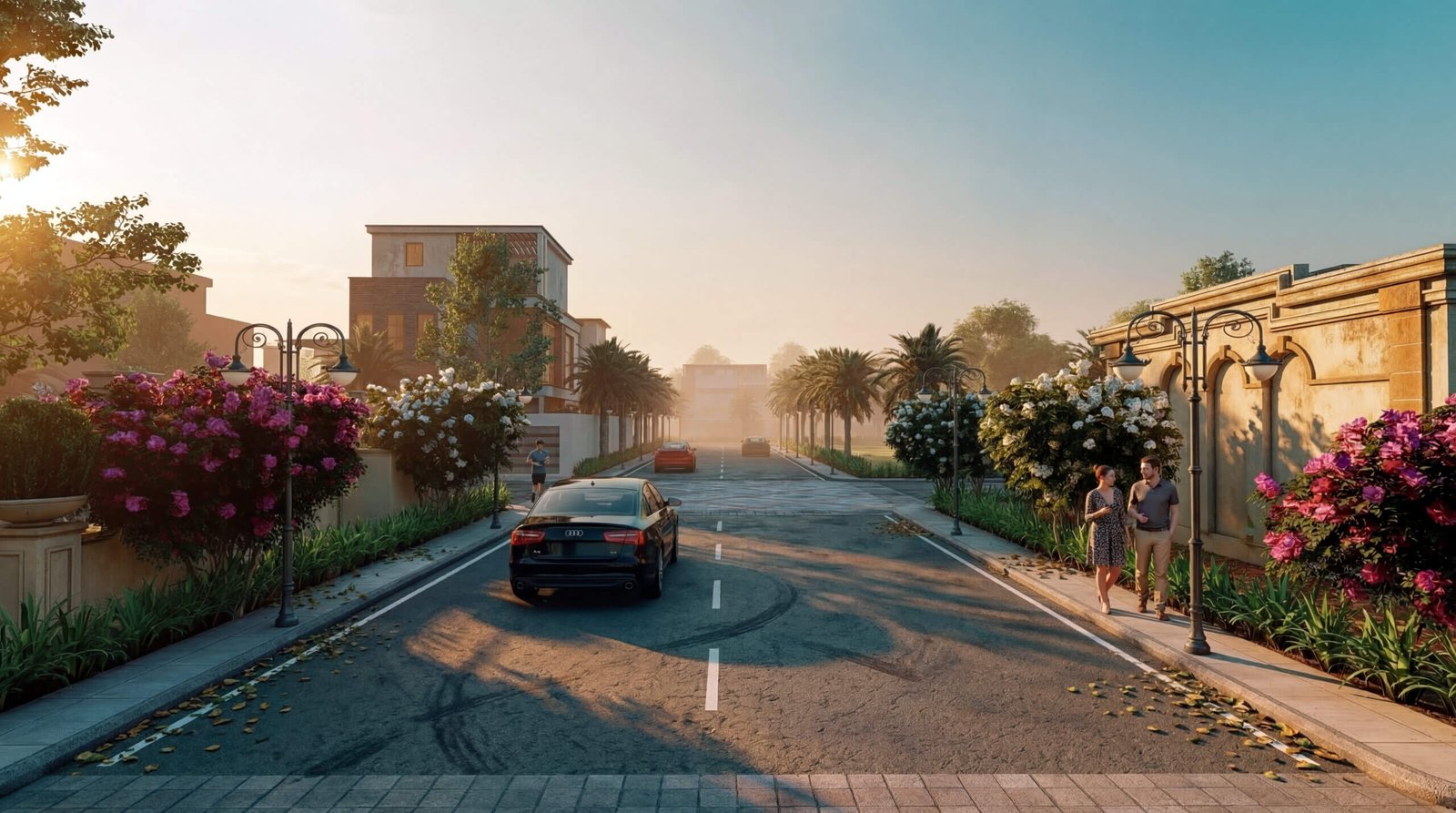 Residential Street View 3D Rendering with Landscaped Pathways and Villas 3D render of a residential street with cars, pedestrians, landscaped gardens, boundary walls, and villas during golden hour.