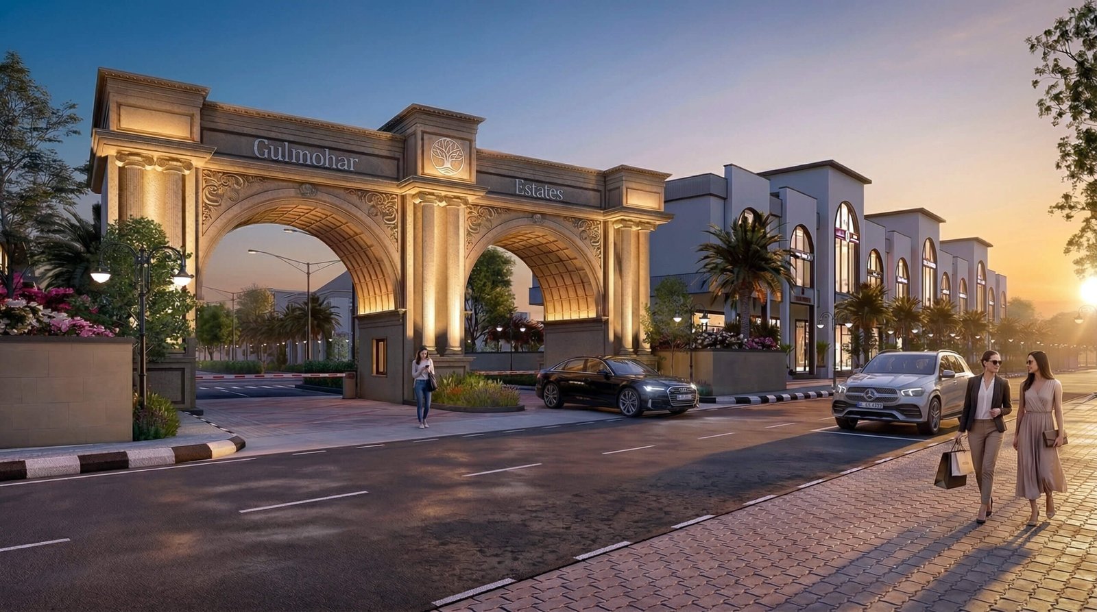 Luxury Township Entrance Gate 3D Rendering with Grand Arch Design 3D render of a grand residential entrance gate with illuminated arches, luxury villas, cars, and landscaped surroundings at sunset.