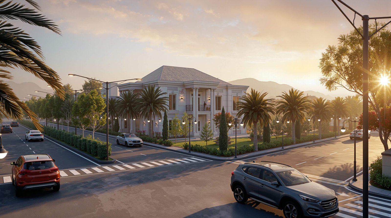 Luxury Clubhouse 3D Rendering with Palm Landscape and Sunset View 3D render of a luxury clubhouse building with classical architecture, palm trees, landscaped roads, and cars at sunset.
