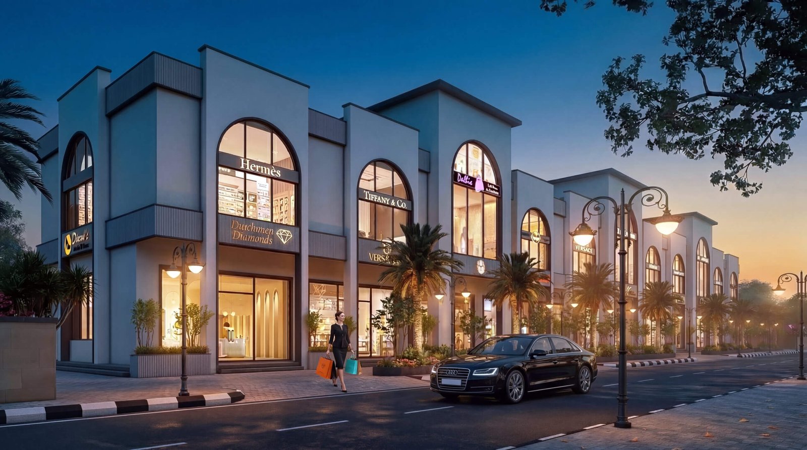 Modern Commercial Street 3D Rendering with Retail Shops and Evening Lighting 3D render of a modern commercial street with retail shops, arched windows, street lights, cars, and people during evening time.