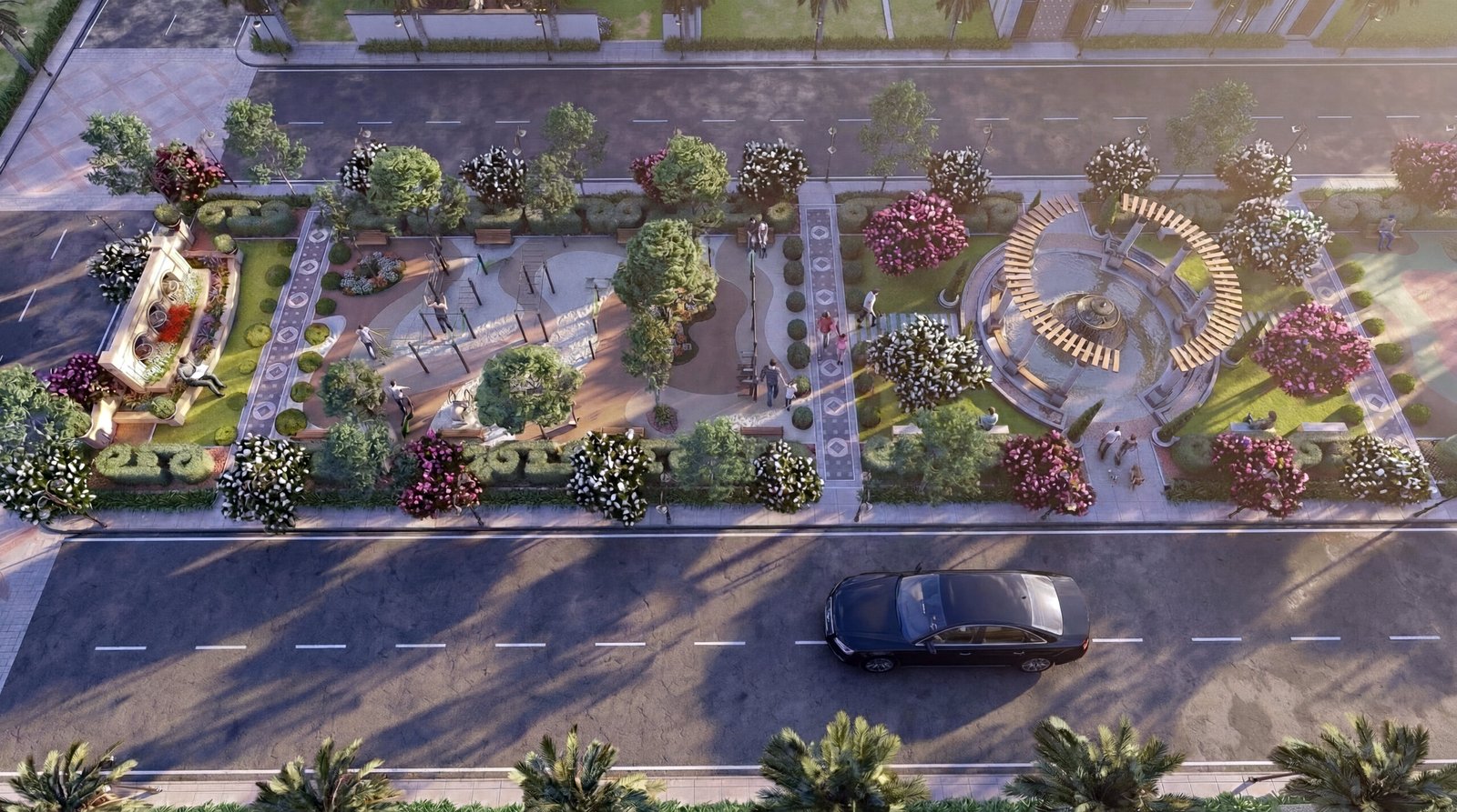 Landscape Garden Park 3D Rendering with Seating and Walkways Top view 3D render of a landscaped garden park with seating areas, pathways, trees, and a circular pavilion beside a road.