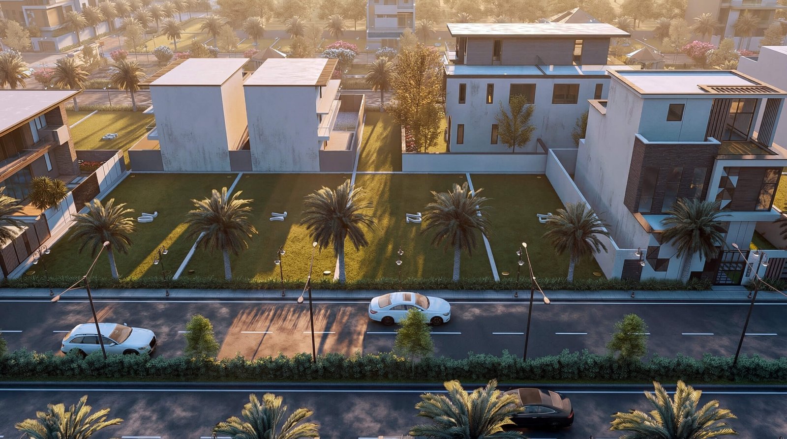 Modern Luxury Villas 3D Rendering with Palm Landscape and Road View 3D render of modern luxury villas with landscaped lawns, palm trees, boundary walls, and cars on a road at sunset.