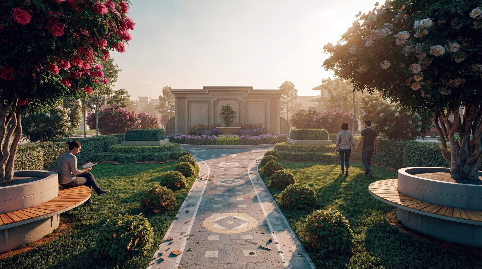 Landscape Garden Walkway 3D Rendering with Seating and Floral Design 3D render of a landscaped garden walkway with benches, flowering trees, trimmed hedges, and people during golden hour.