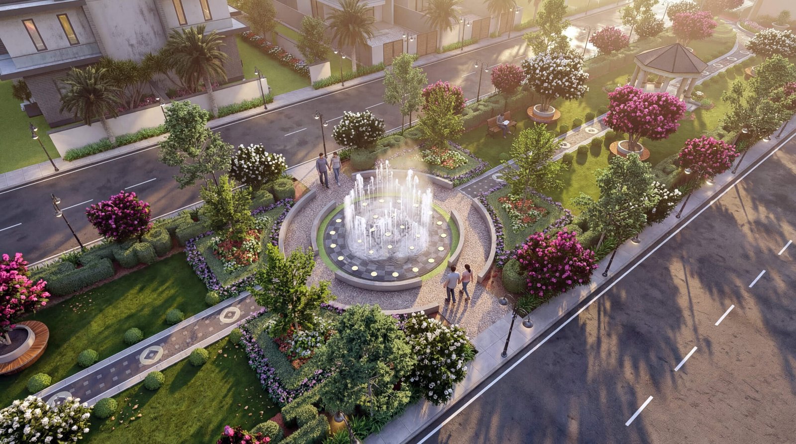 Garden Fountain Landscape 3D Rendering with Pathways and Seating Areas Top view 3D render of a landscaped garden with a central fountain, colorful plants, walkways, seating areas, and people.