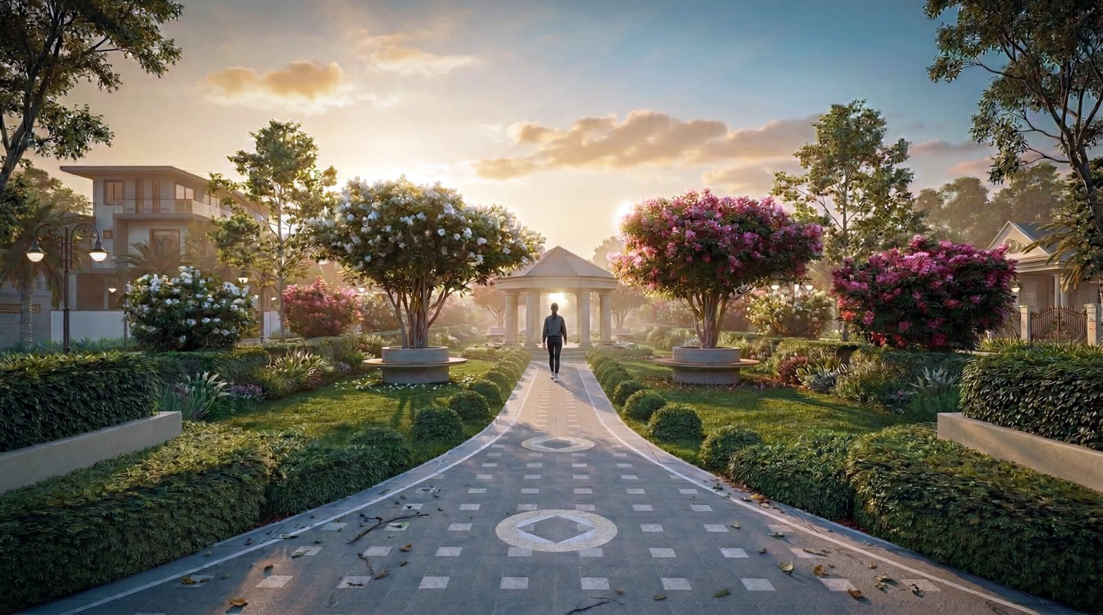 Garden Walkway 3D Rendering with Gazebo and Floral Landscape 3D render of a landscaped garden pathway leading to a gazebo, with flowering trees, trimmed hedges, and a person walking.