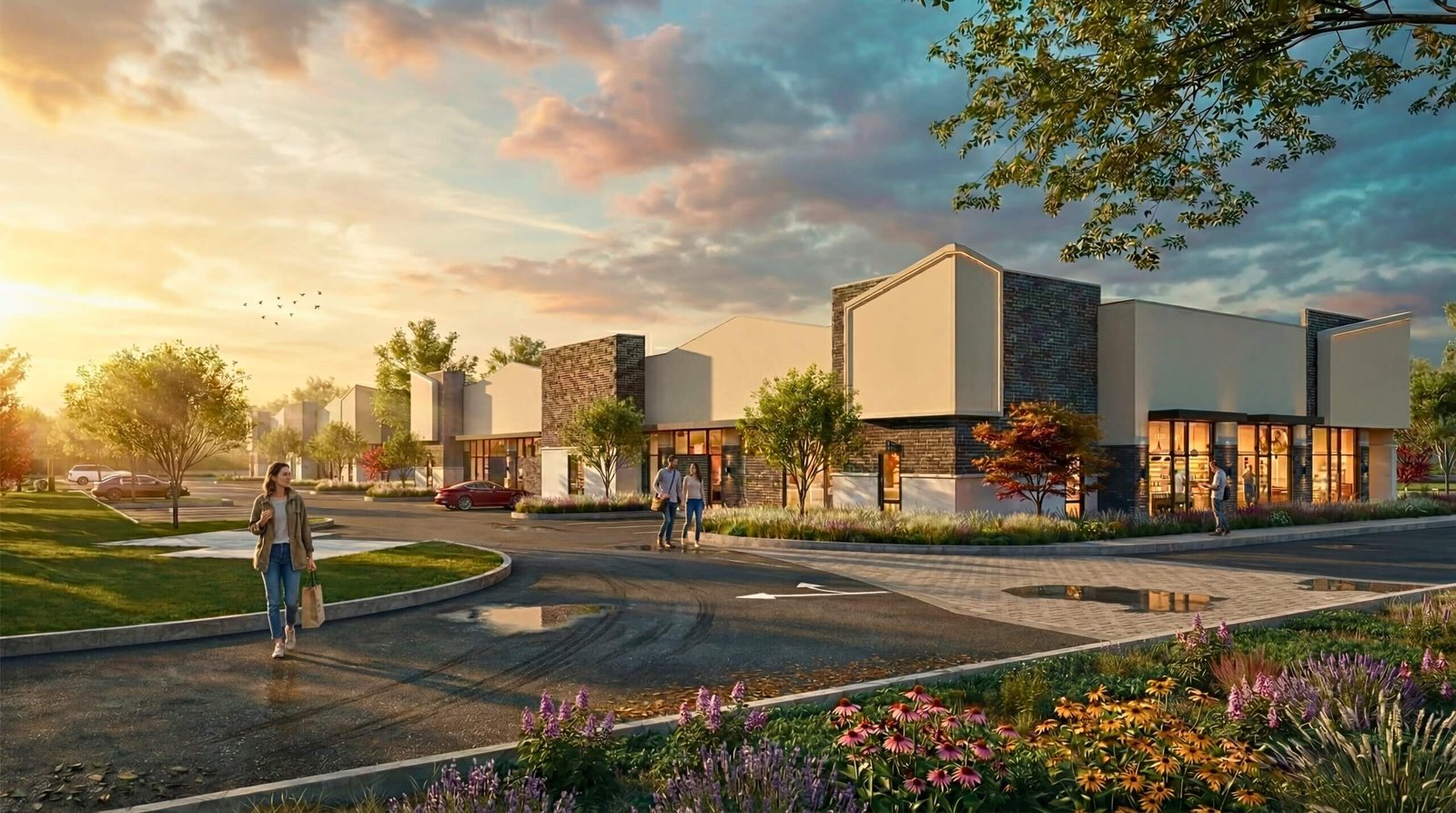 Modern commercial complex exterior rendering at golden hour with landscaped walkway, retail storefronts, and pedestrian activity
