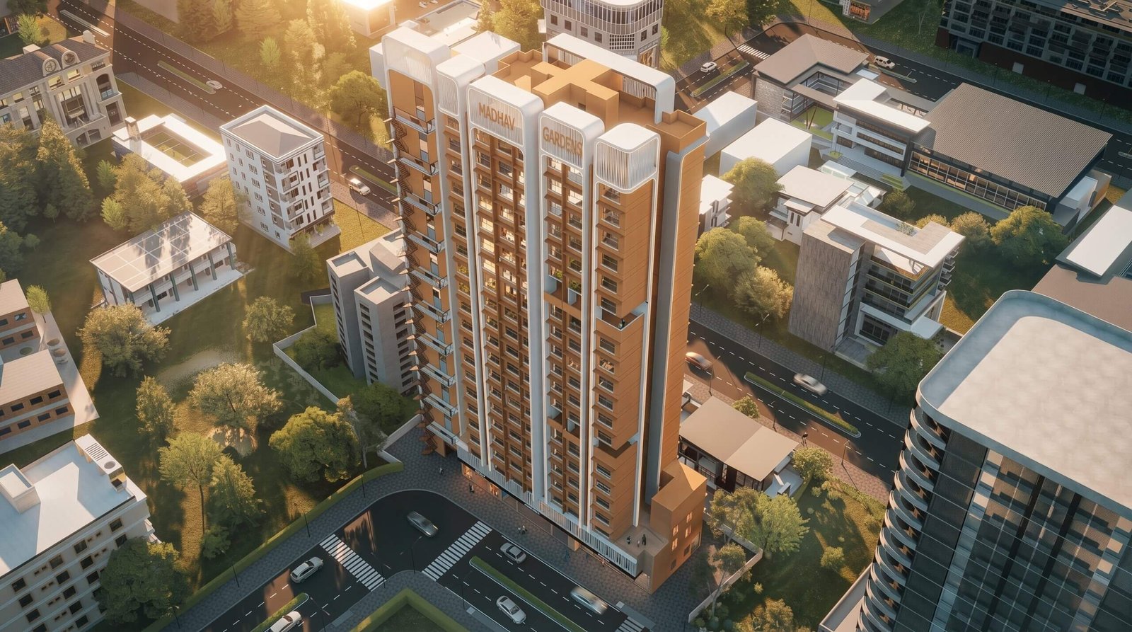 Aerial view of modern high-rise residential tower with surrounding cityscape, roads, and greenery in photorealistic 3D rendering.