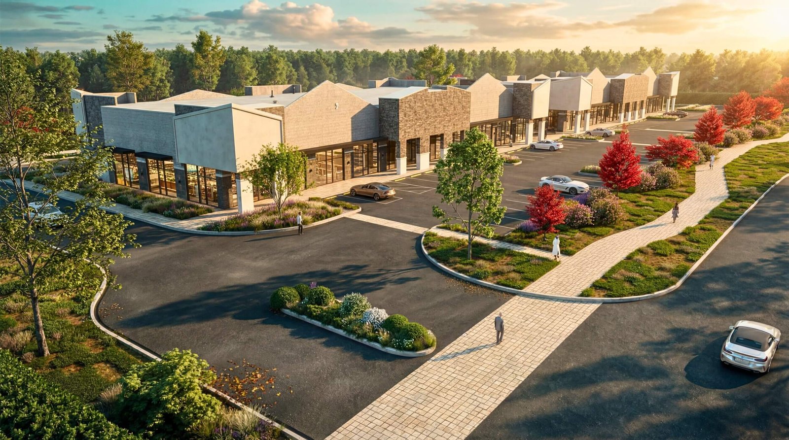 Aerial view of modern retail strip mall 3D rendering with landscaped pathways, parking area, and contemporary storefront architecture
