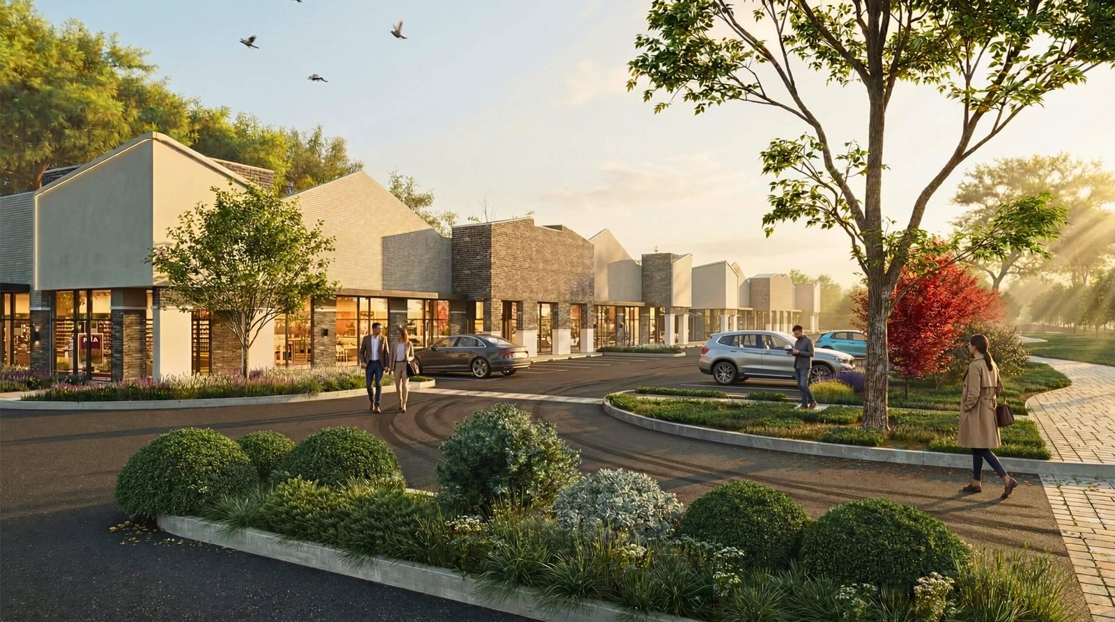 3D architectural visualization of a modern township commercial complex with landscaped pathways, retail storefronts, parking area, and people walking during golden hour