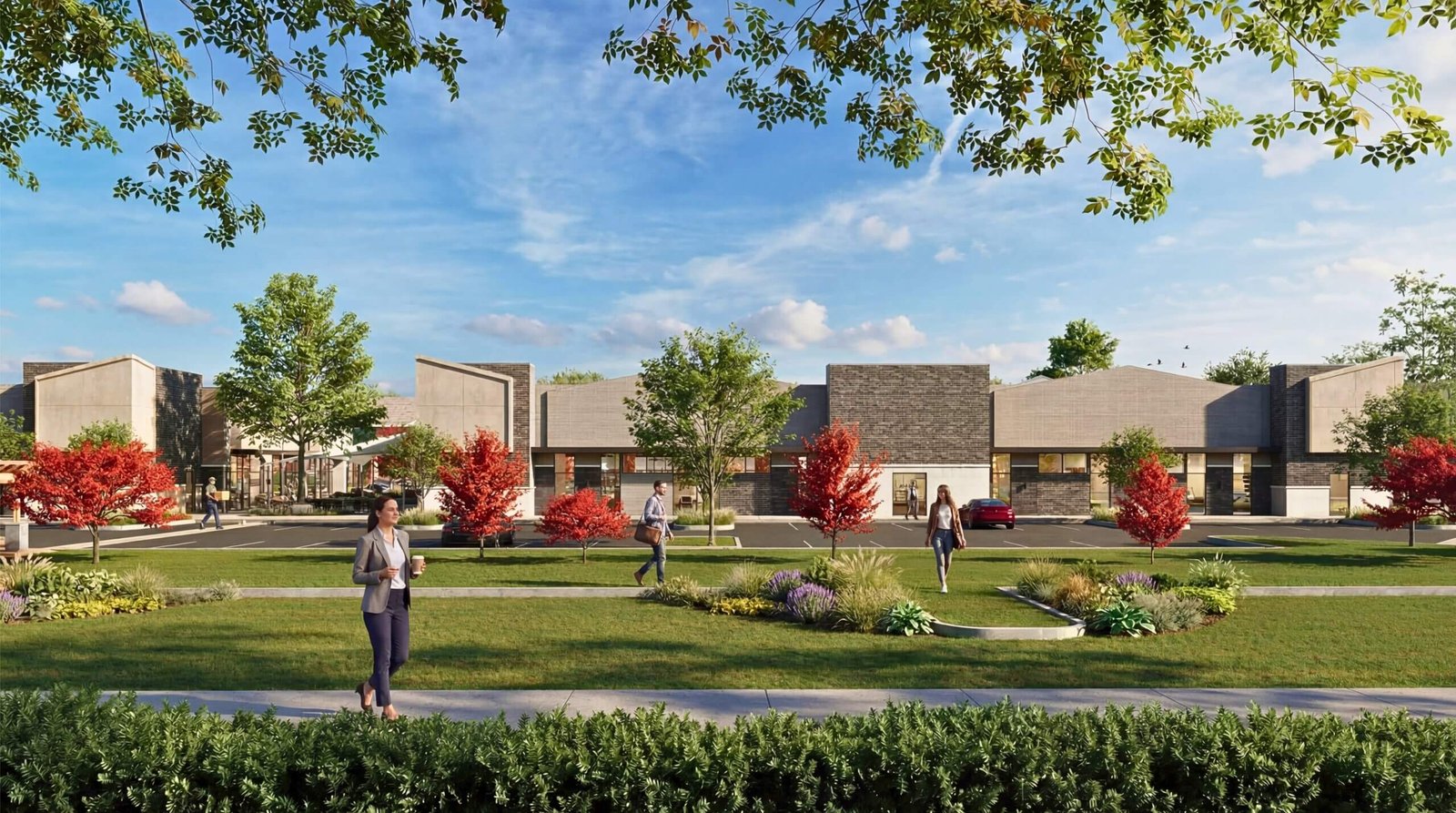 Modern retail complex 3D exterior rendering with landscaped garden, pedestrian walkway, and contemporary storefront design – 3D visualization by Yantram Studio